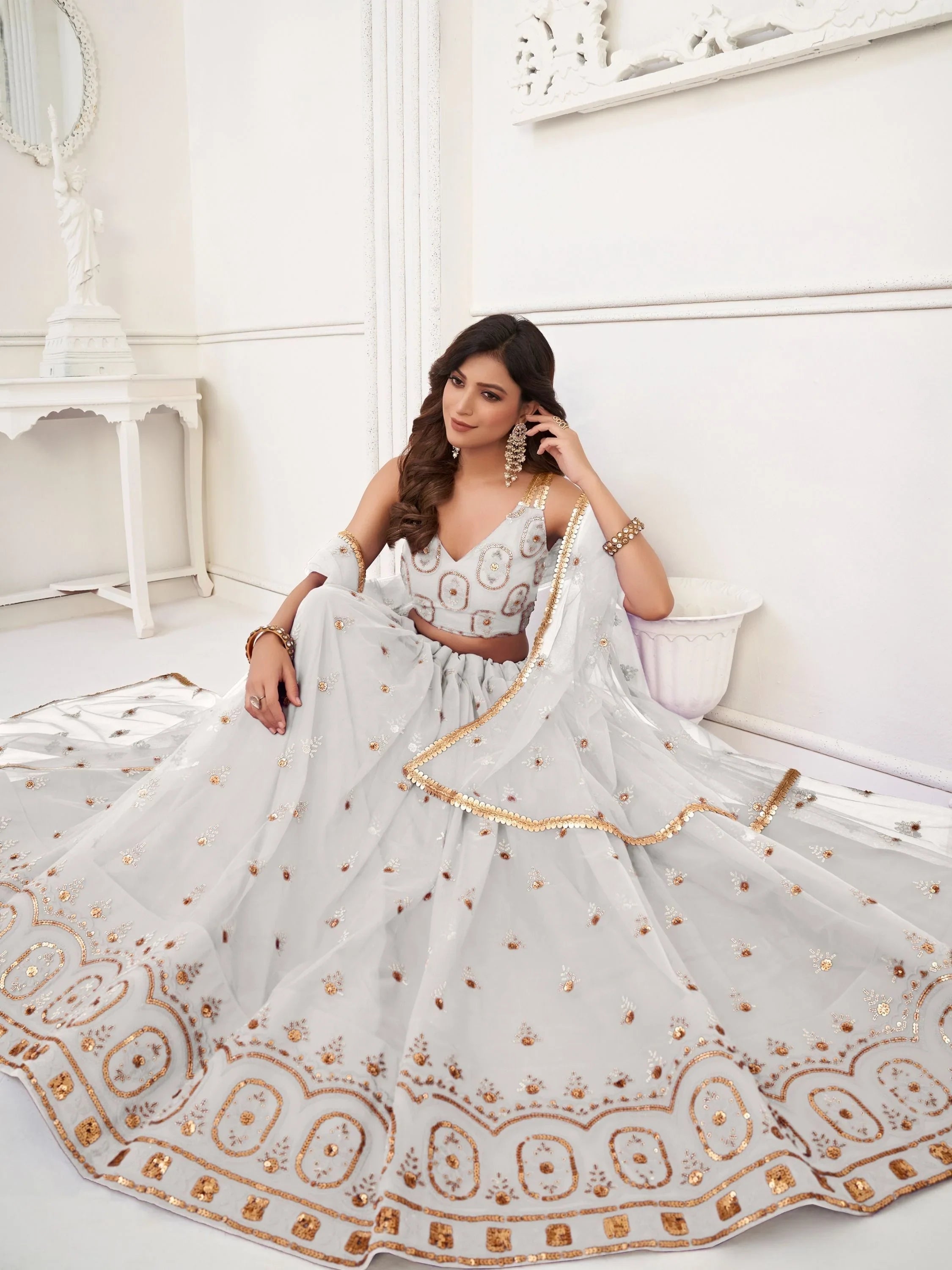 White Gorgeous Sequins Net Mehendi Wear Lehenga Choli With Dupatta for Women