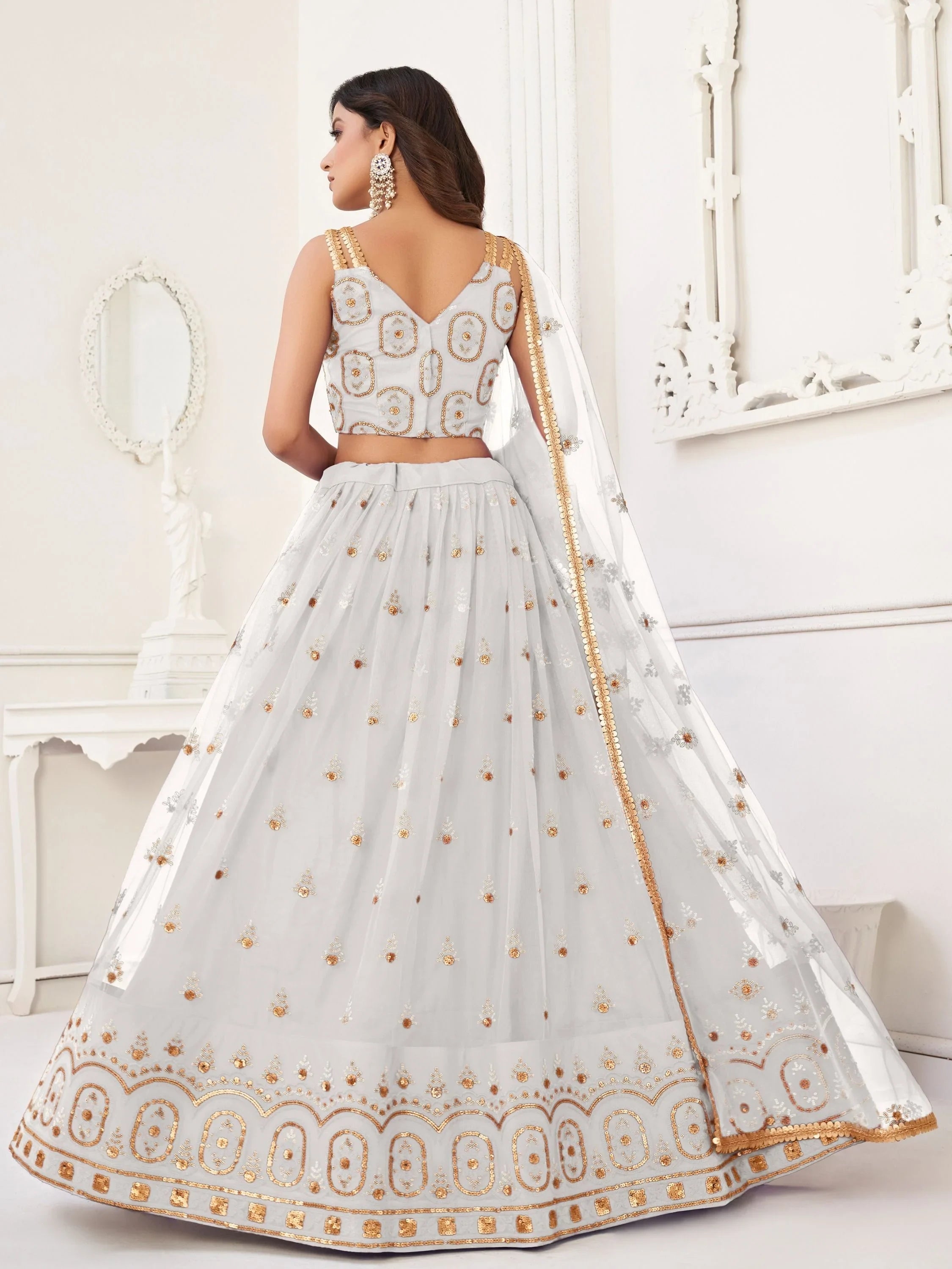 White Gorgeous Sequins Net Mehendi Wear Lehenga Choli With Dupatta for Women
