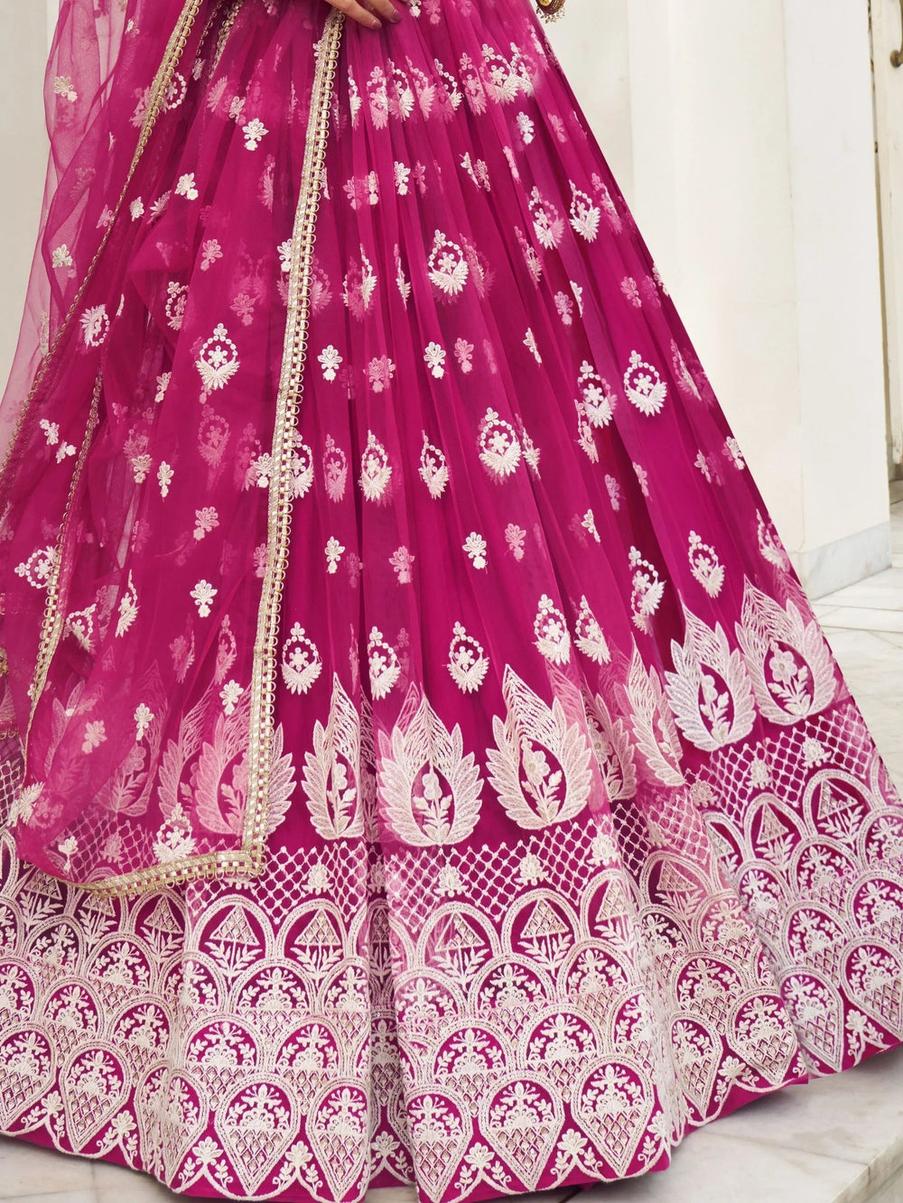 Rani Pink Thread Work Net Sangeet Wear Lehenga Choli for Women