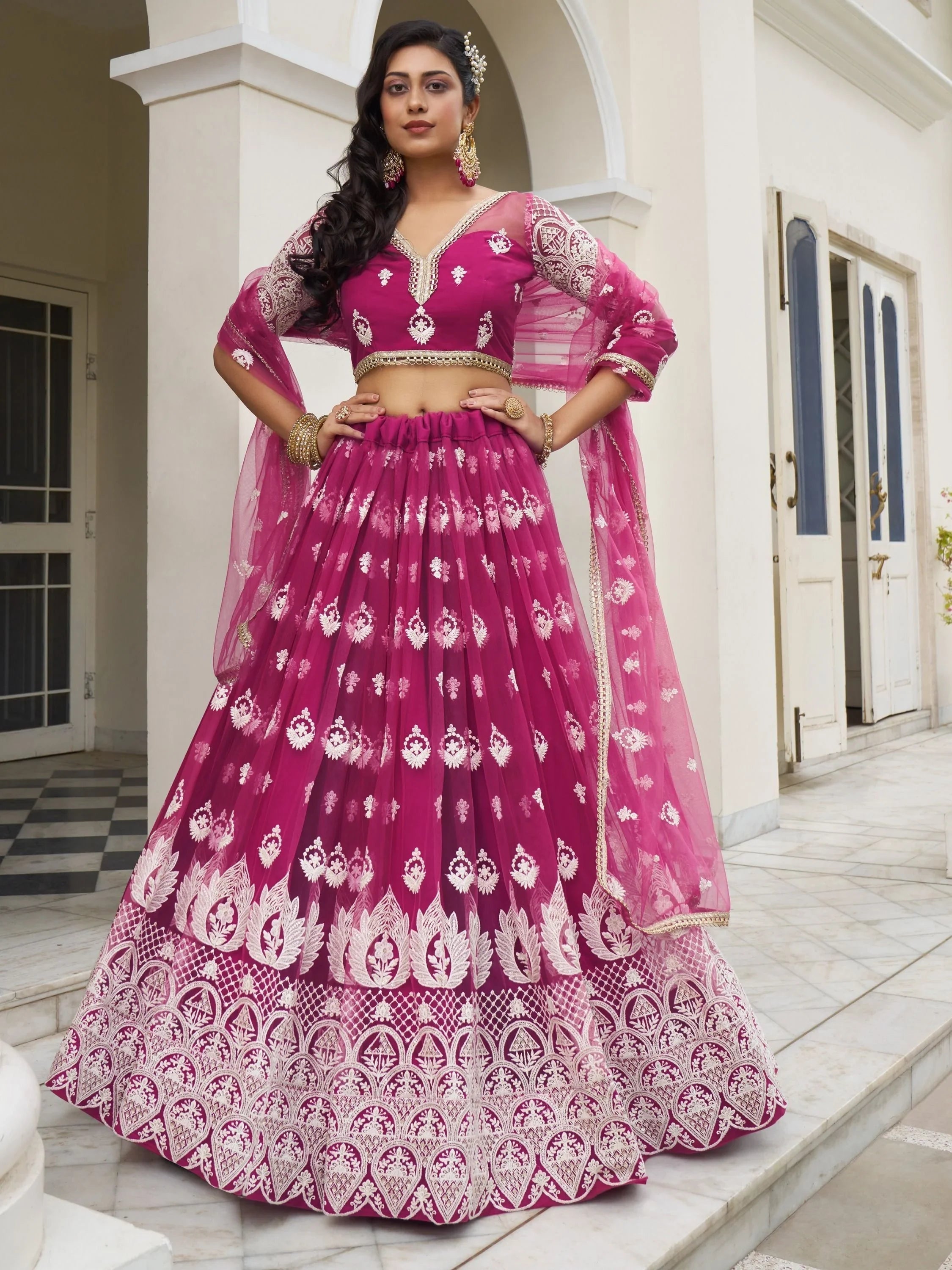 Rani Pink Thread Work Net Sangeet Wear Lehenga Choli for Women