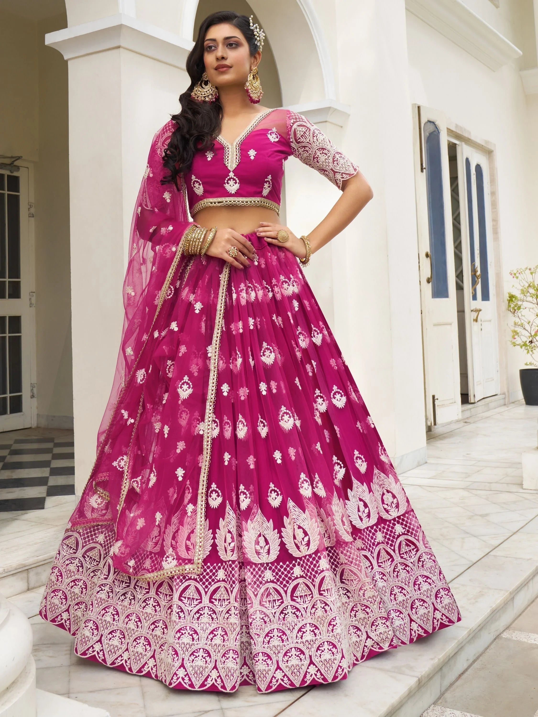 Rani Pink Thread Work Net Sangeet Wear Lehenga Choli for Women
