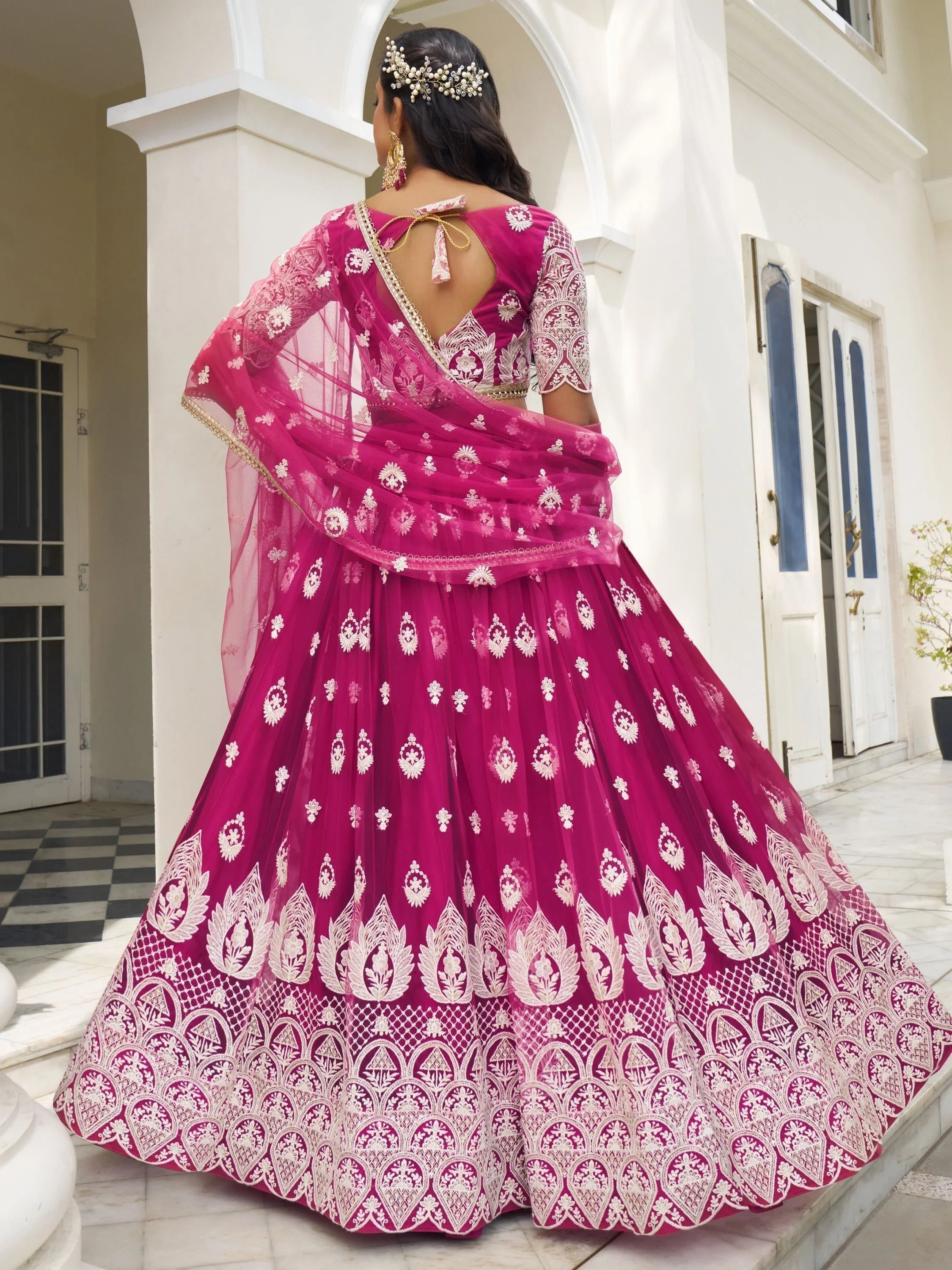 Rani Pink Thread Work Net Sangeet Wear Lehenga Choli for Women