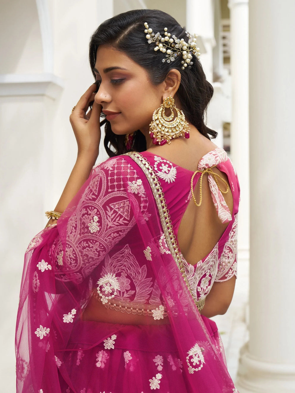 Rani Pink Thread Work Net Sangeet Wear Lehenga Choli for Women