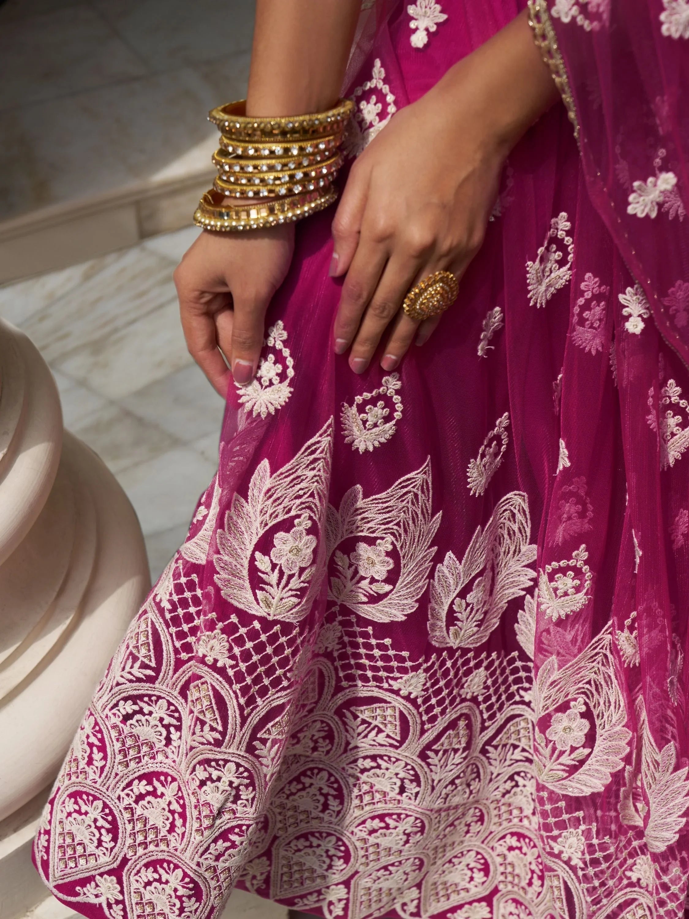 Rani Pink Thread Work Net Sangeet Wear Lehenga Choli for Women