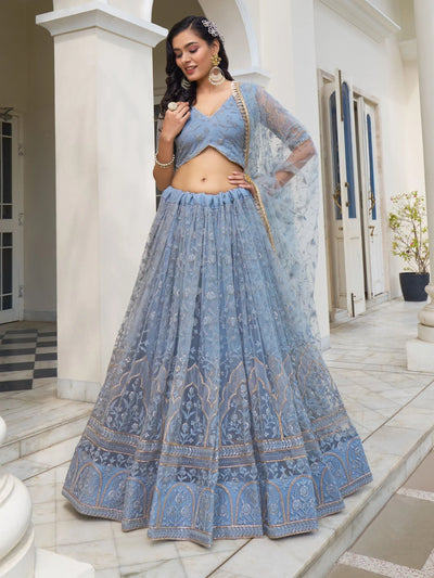 Light Blue Thread Work Net Bridesmaid Lehenga Choli for Women