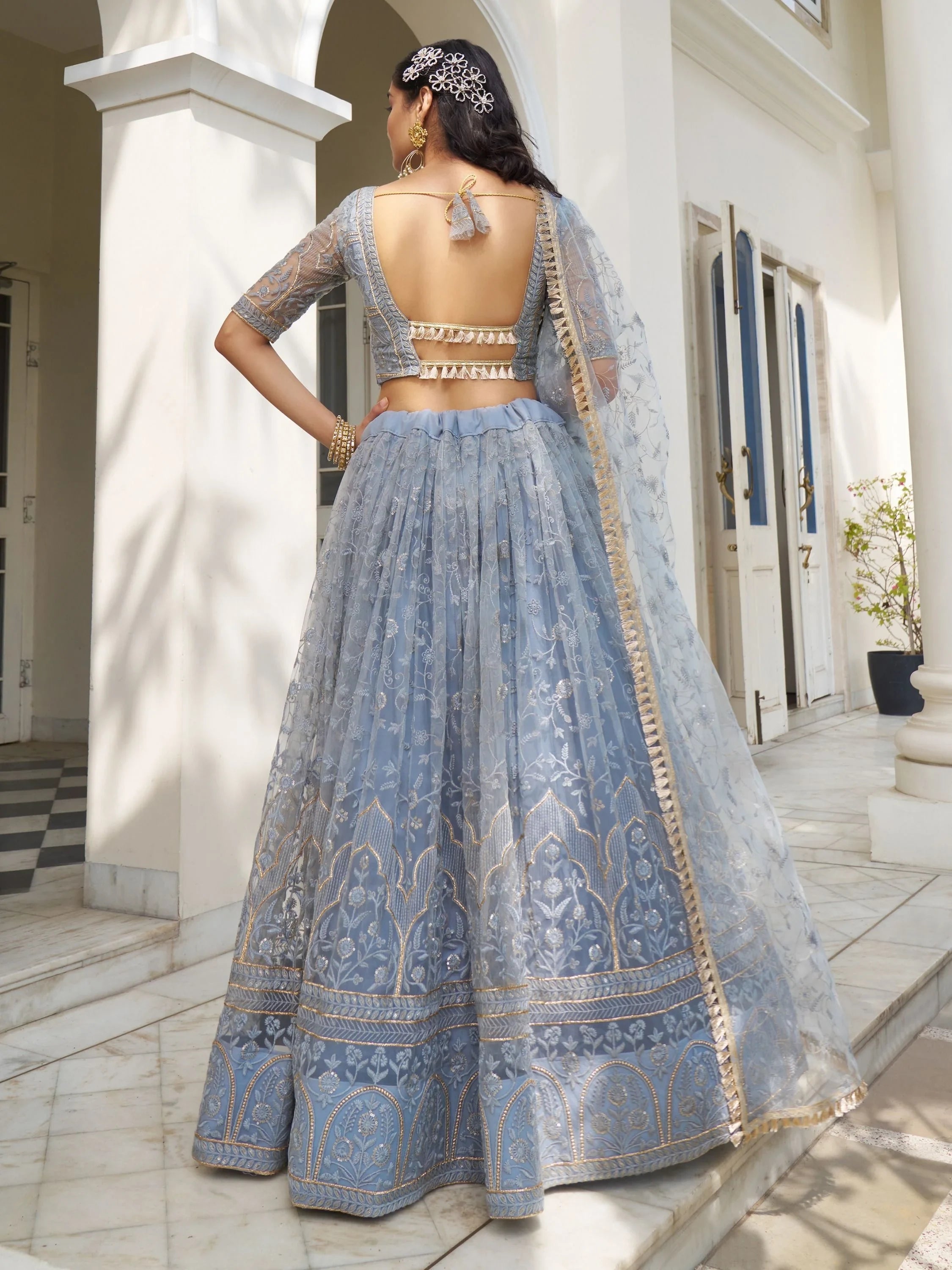 Light Blue Thread Work Net Bridesmaid Lehenga Choli for Women