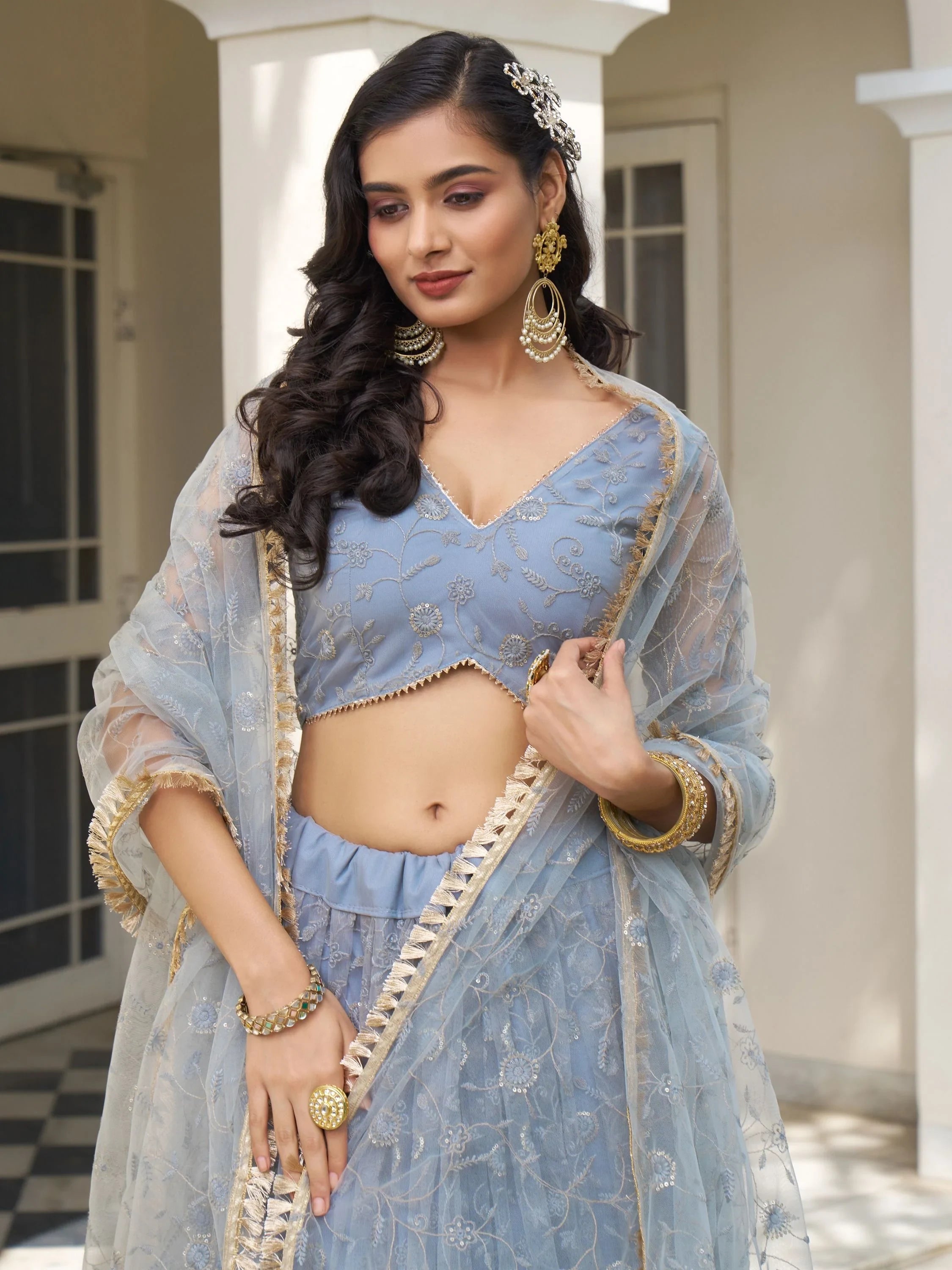 Light Blue Thread Work Net Bridesmaid Lehenga Choli for Women