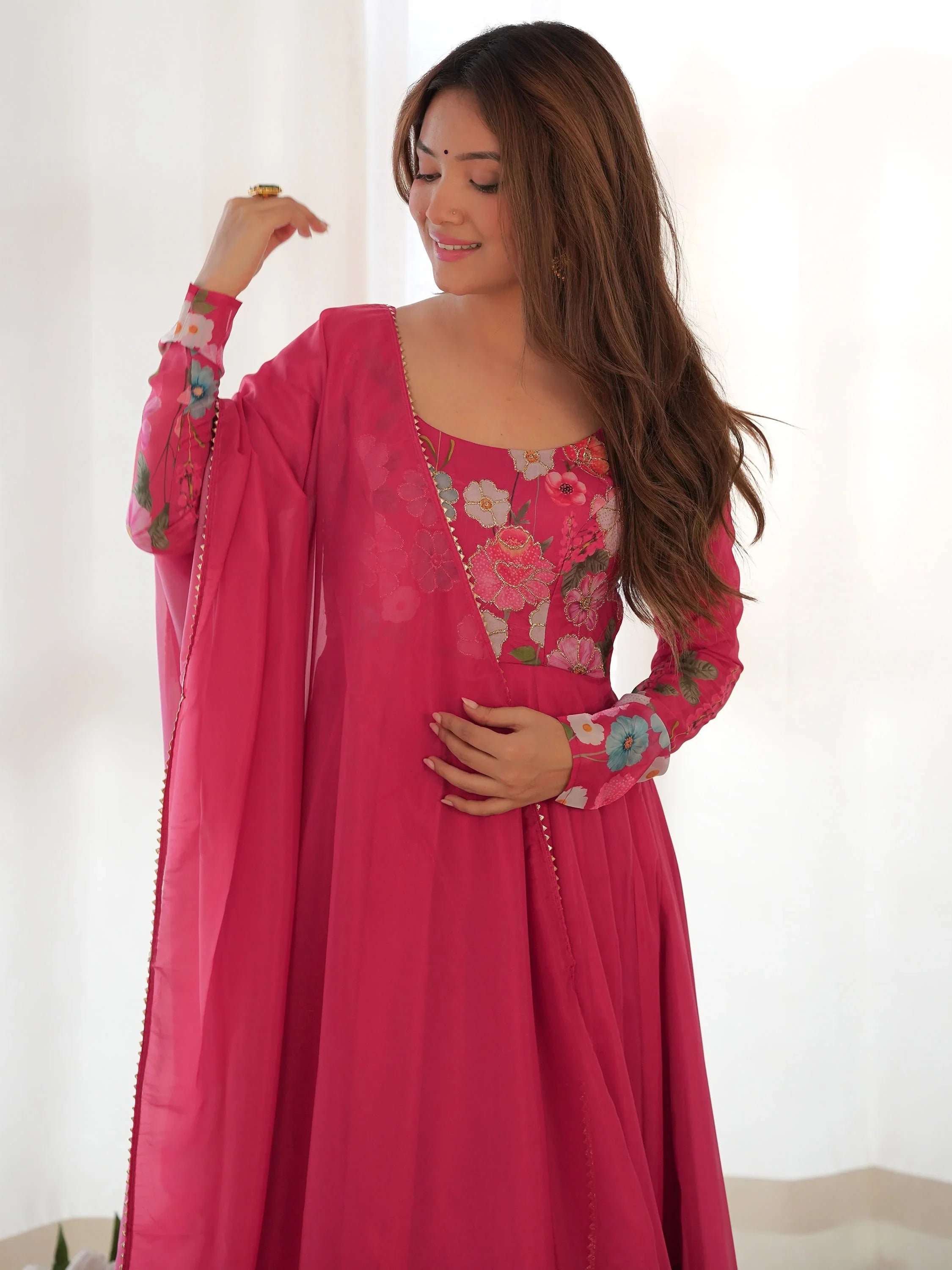 Pink Floral Printed Organza Festive Wear Anarkali Suit for Women