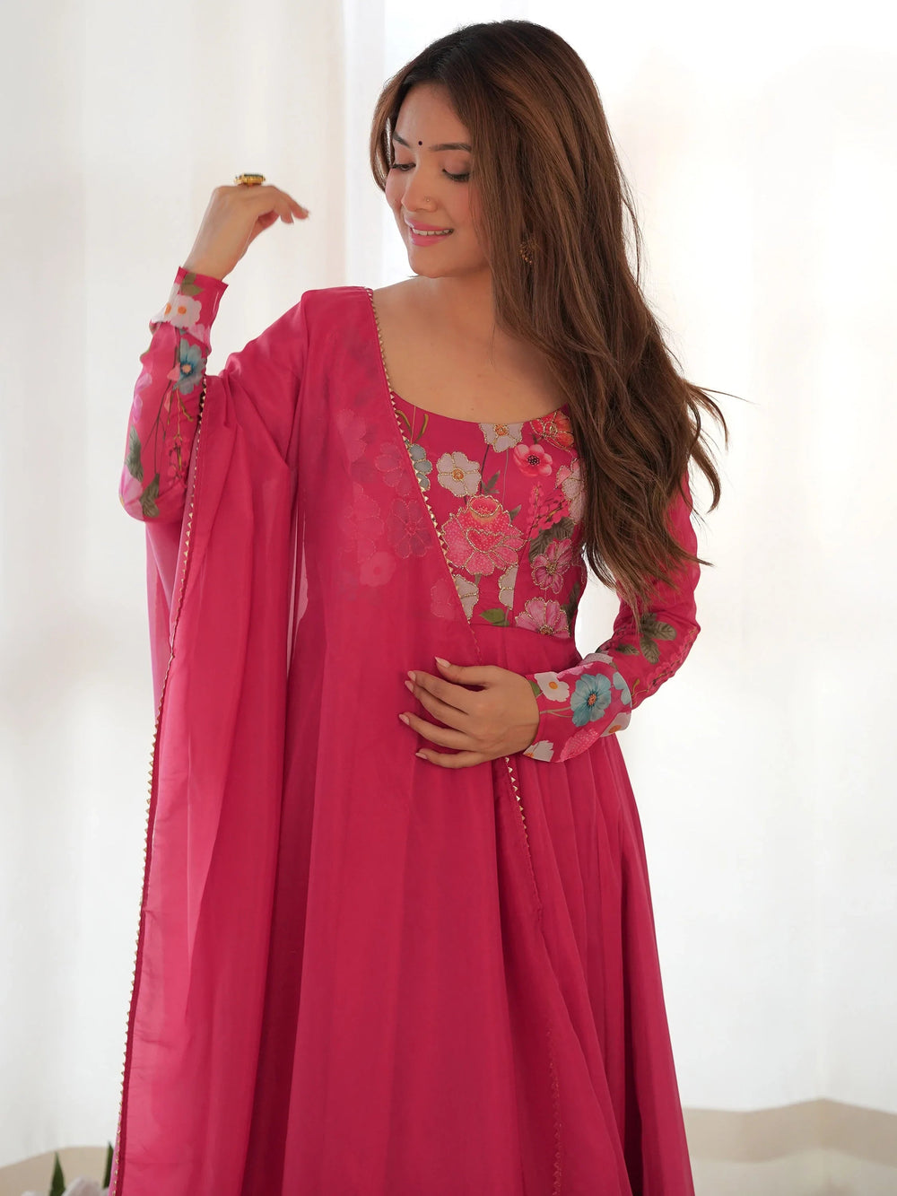 Pink Floral Printed Organza Festive Wear Anarkali Suit for Women
