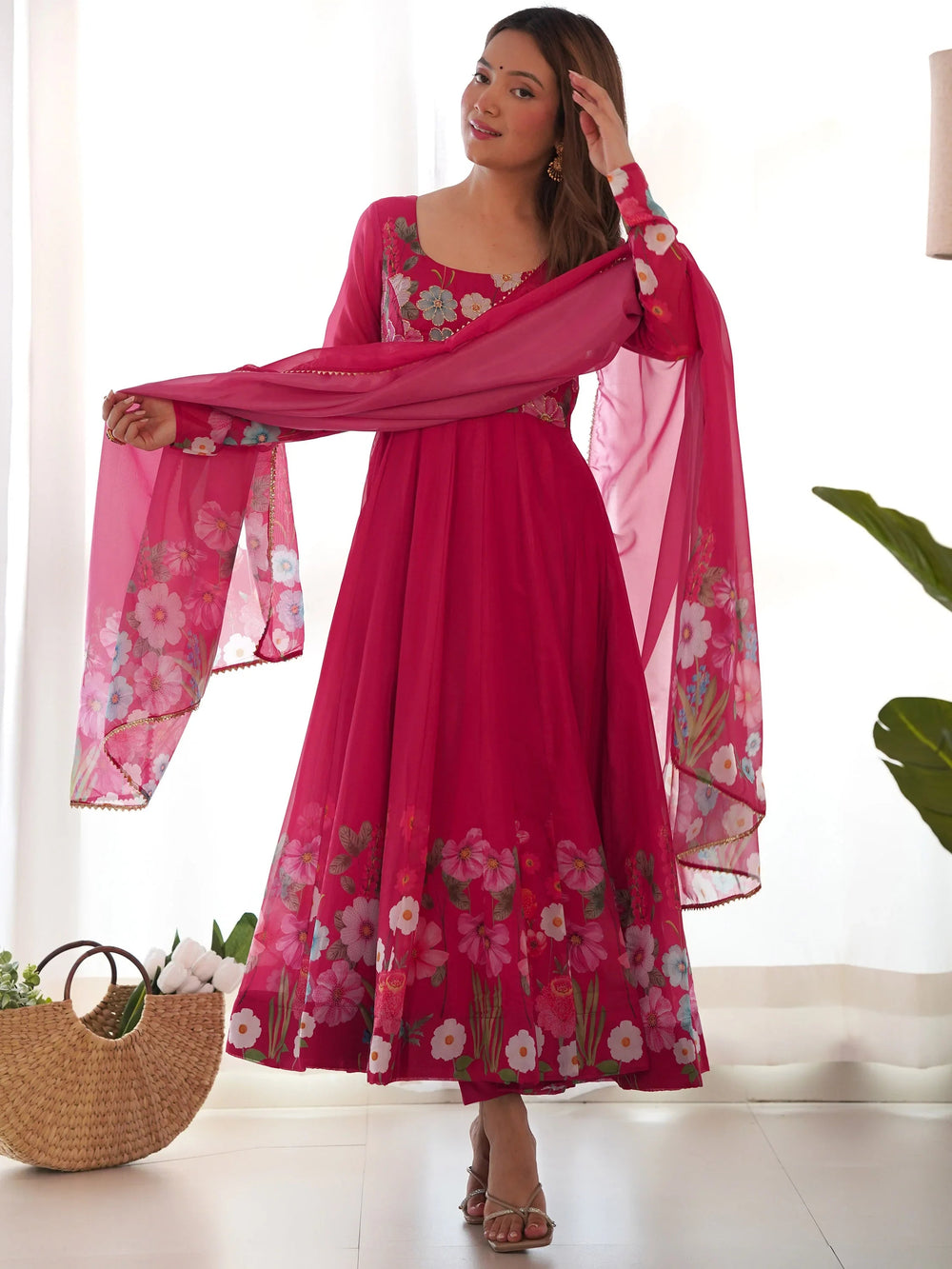 Pink Floral Printed Organza Festive Wear Anarkali Suit for Women