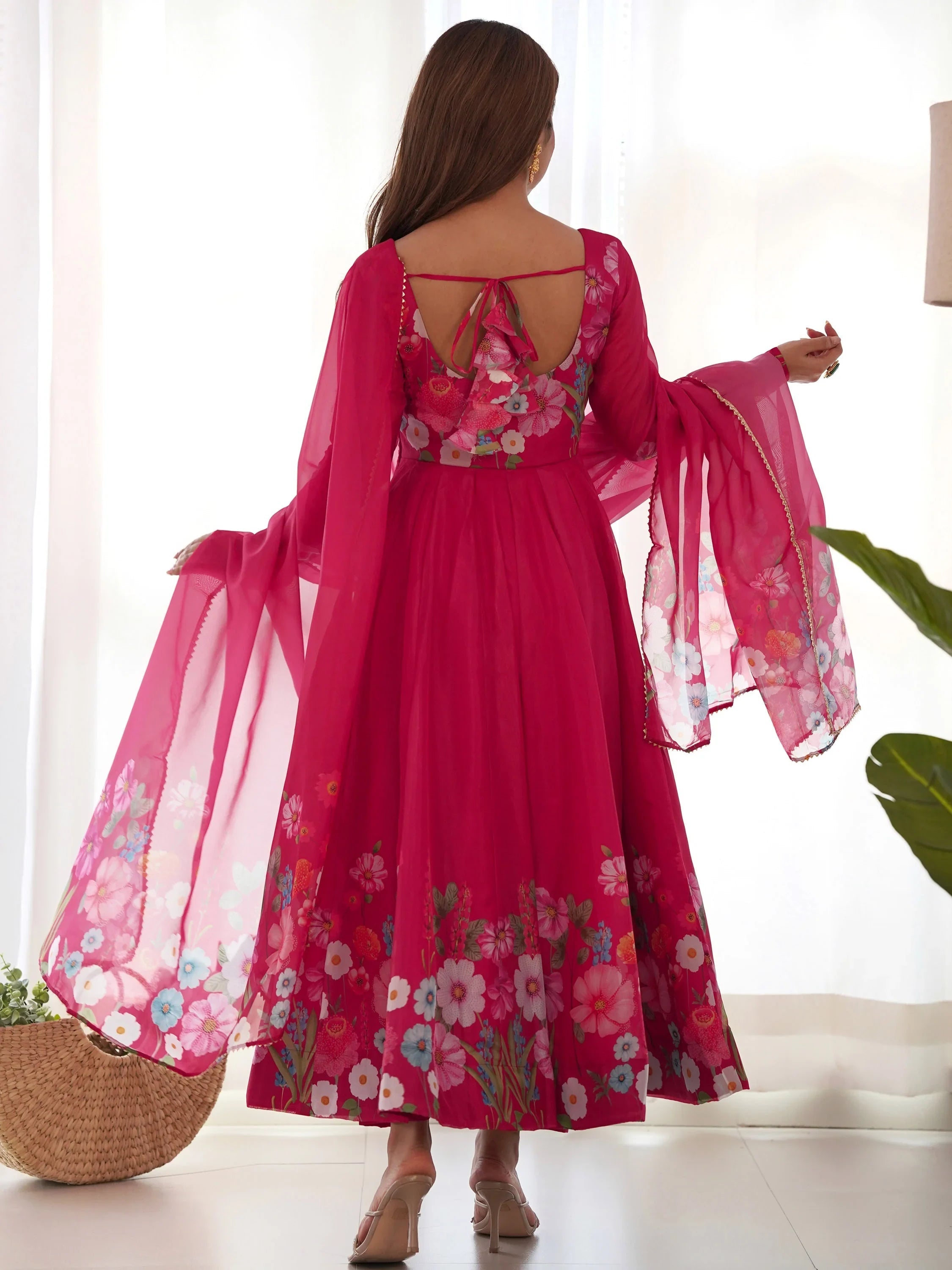 Pink Floral Printed Organza Festive Wear Anarkali Suit for Women