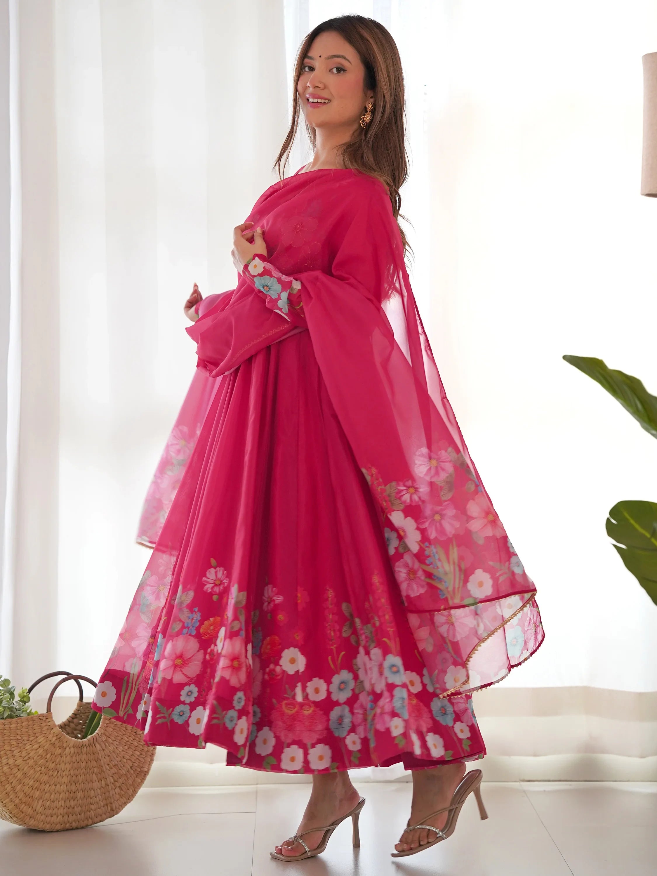 Pink Floral Printed Organza Festive Wear Anarkali Suit for Women