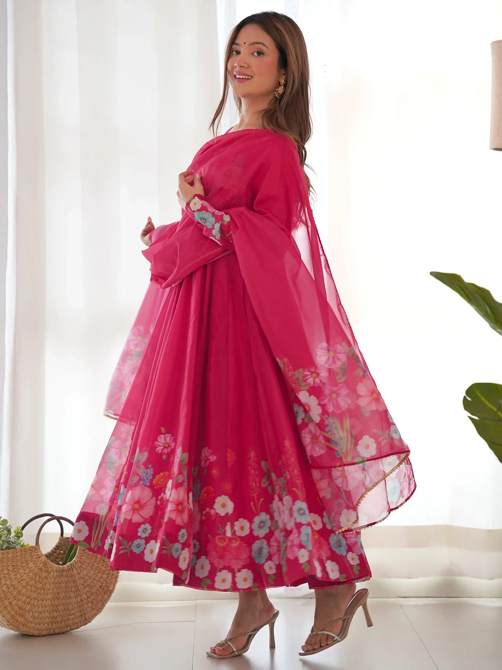 Pink Floral Printed Organza Festive Wear Anarkali Suit for Women
