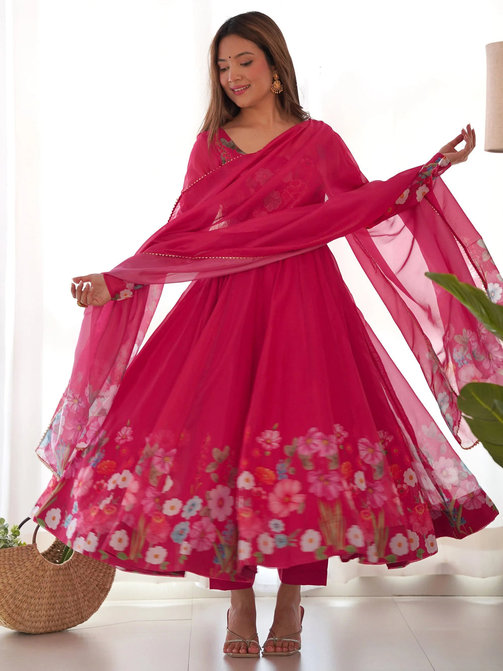Pink Floral Printed Organza Festive Wear Anarkali Suit for Women