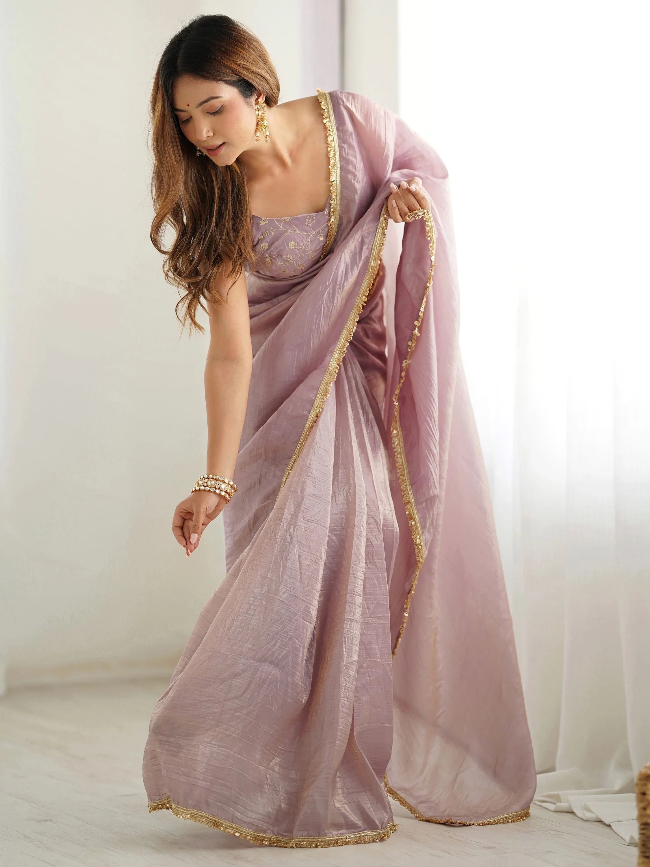 Mauve Light Tissue Silk Pre Stitched Saree With Blouse