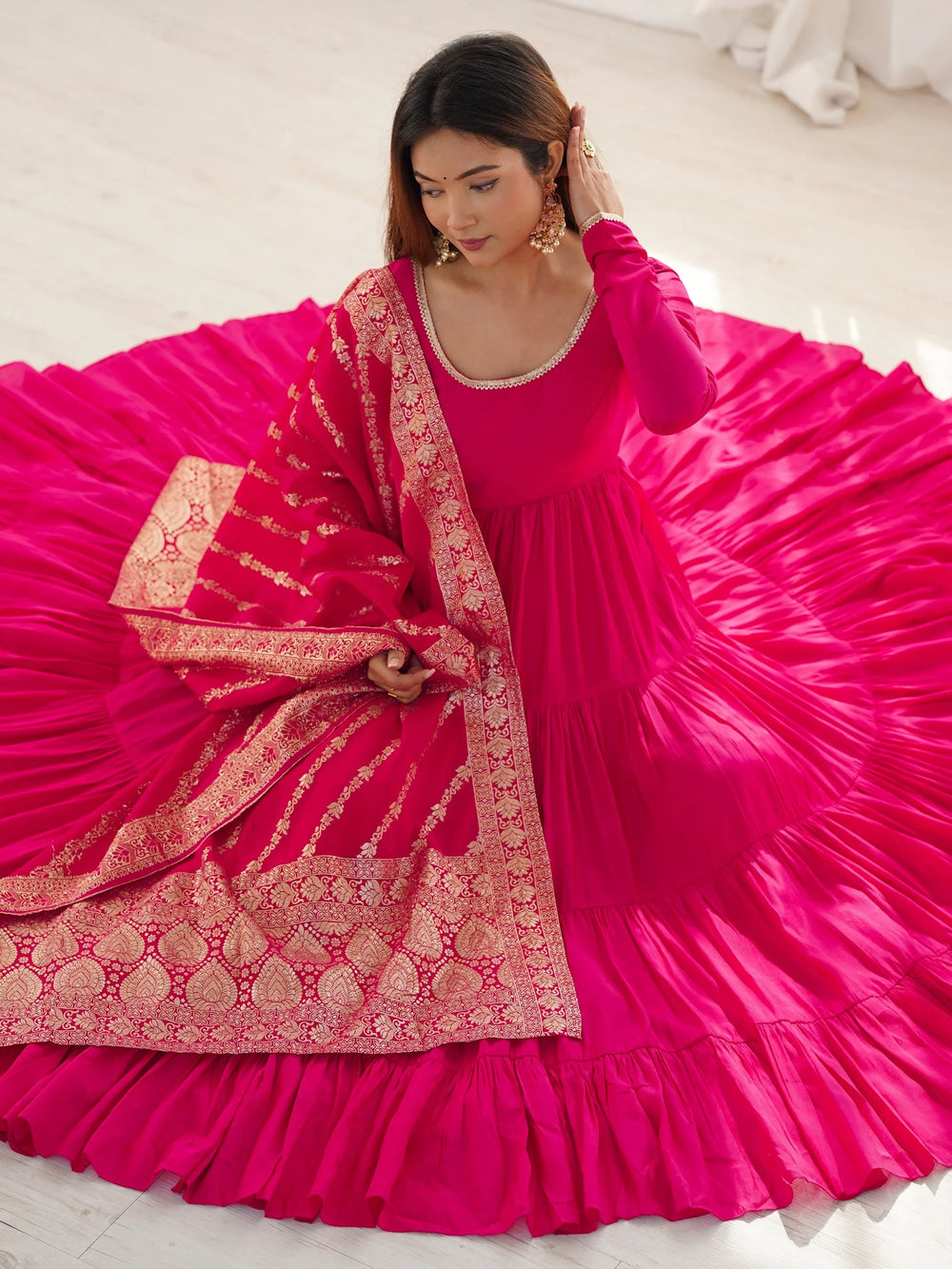 Hot Pink Chanderi Festival Wear Anarkali Suit With Banarasi Dupatta for Women