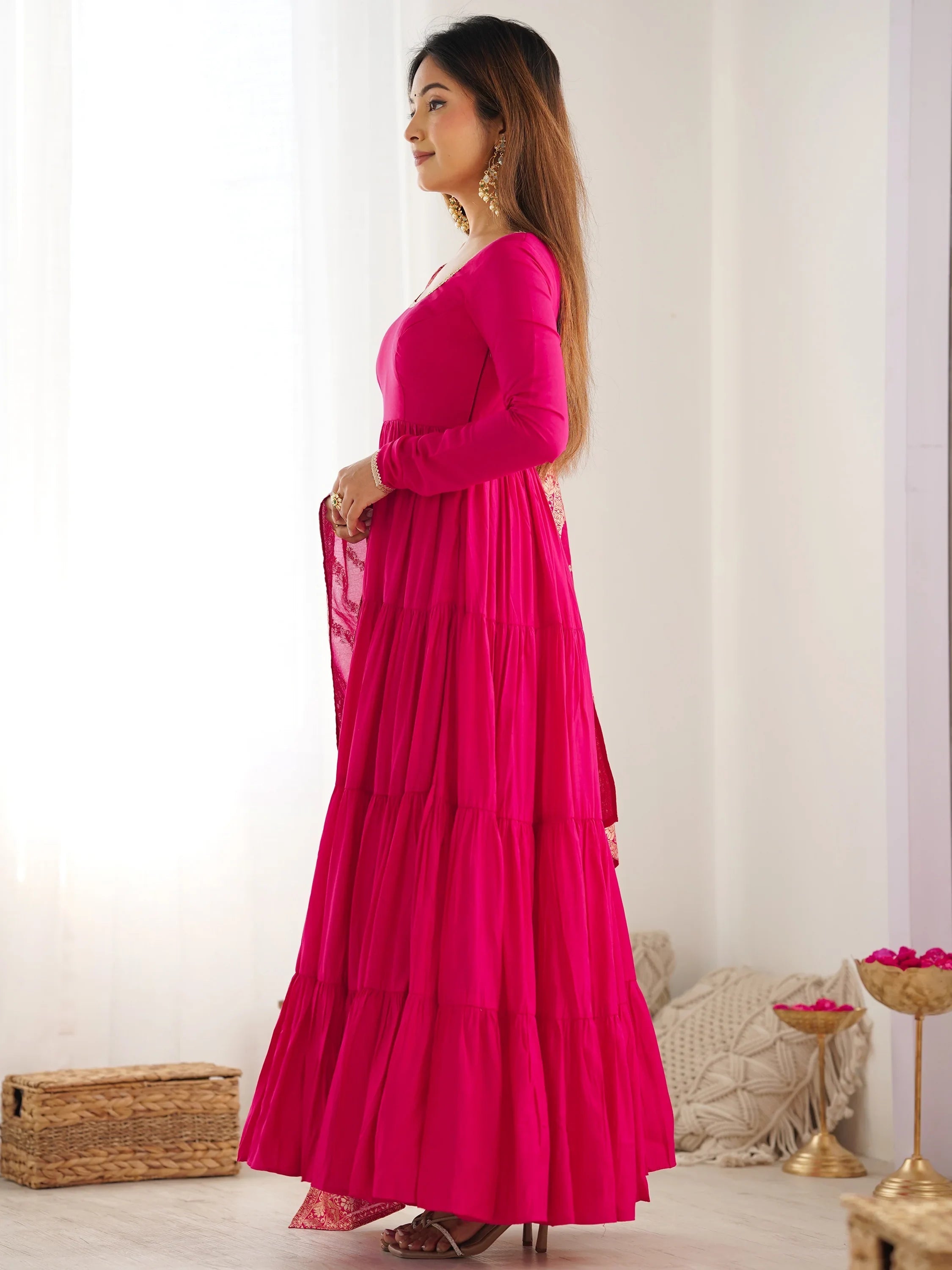 Hot Pink Chanderi Festival Wear Anarkali Suit With Banarasi Dupatta for Women