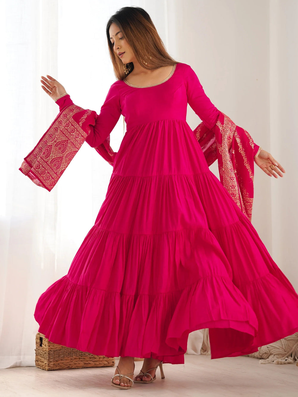 Hot Pink Chanderi Festival Wear Anarkali Suit With Banarasi Dupatta for Women