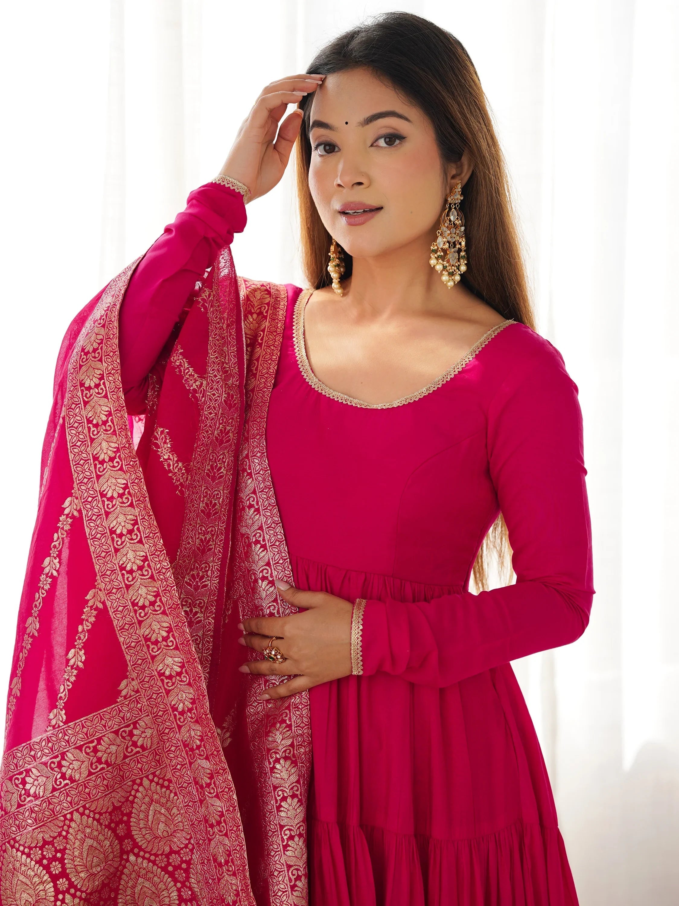Hot Pink Chanderi Festival Wear Anarkali Suit With Banarasi Dupatta for Women