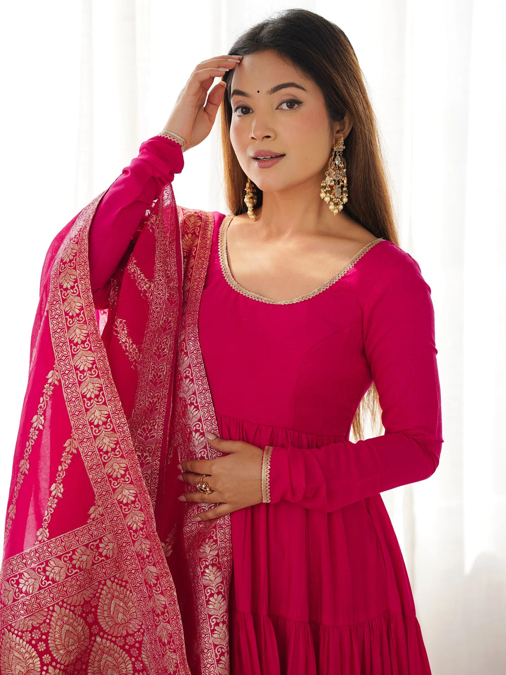 Hot Pink Chanderi Festival Wear Anarkali Suit With Banarasi Dupatta for Women