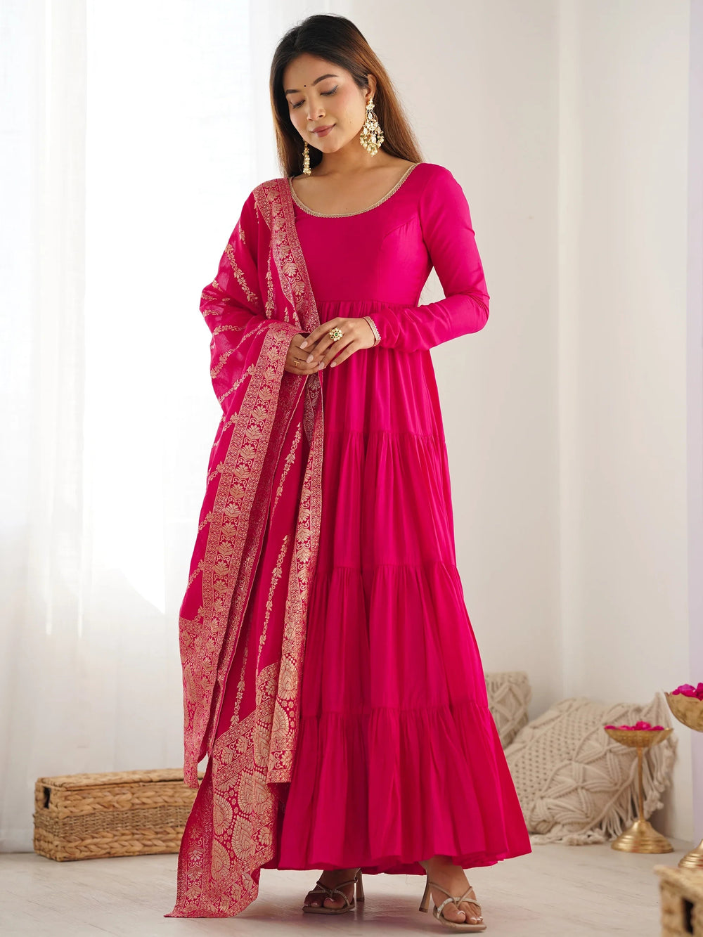 Hot Pink Chanderi Festival Wear Anarkali Suit With Banarasi Dupatta for Women