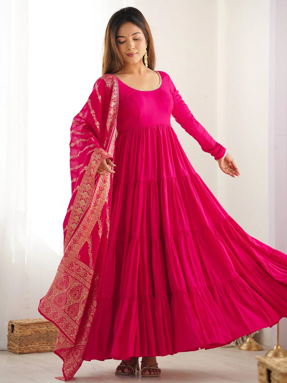 Hot Pink Chanderi Festival Wear Anarkali Suit With Banarasi Dupatta for Women