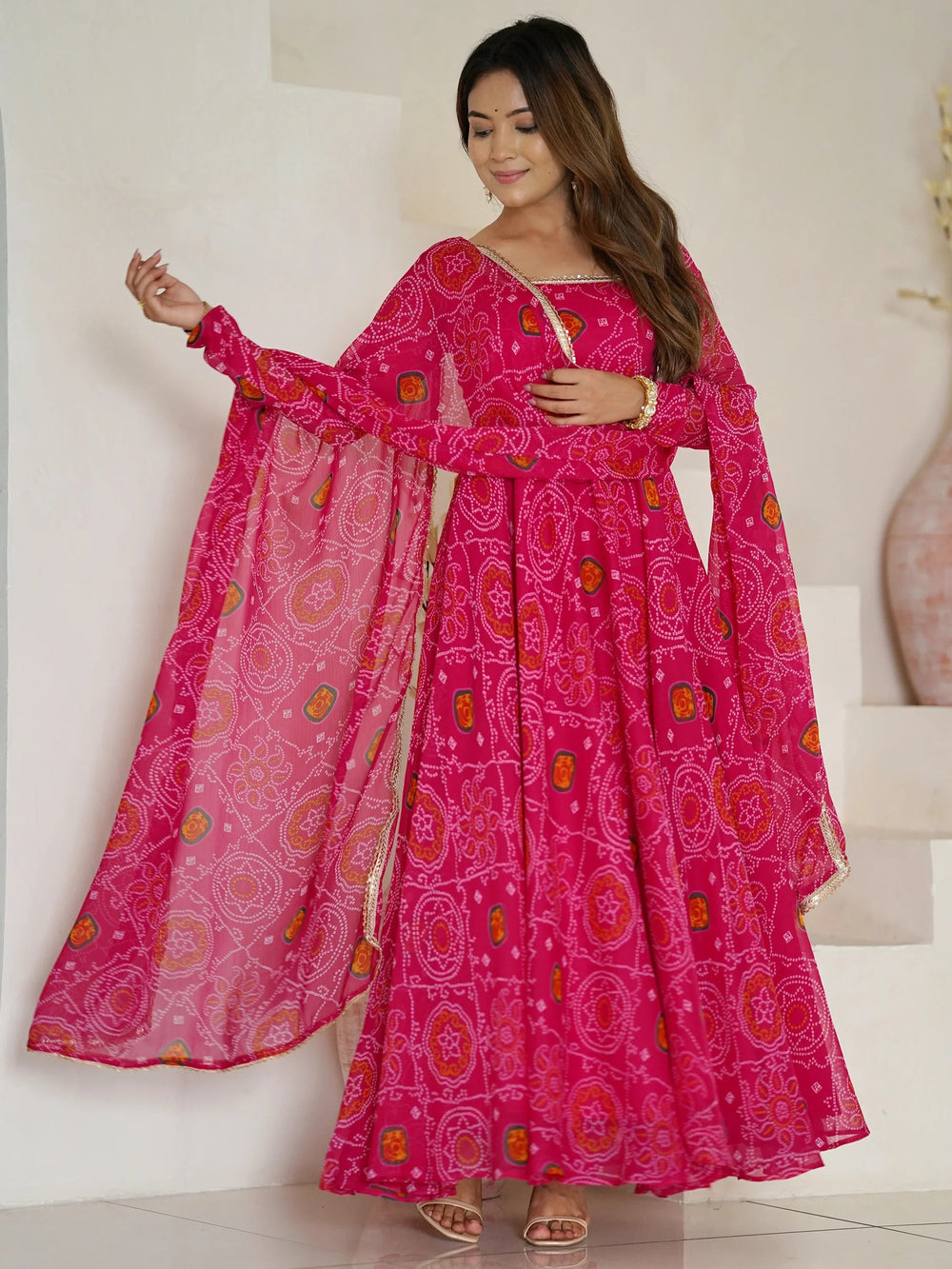 Pink Bandhej Printed Georgette Festive Wear Anarkali Suit for Women
