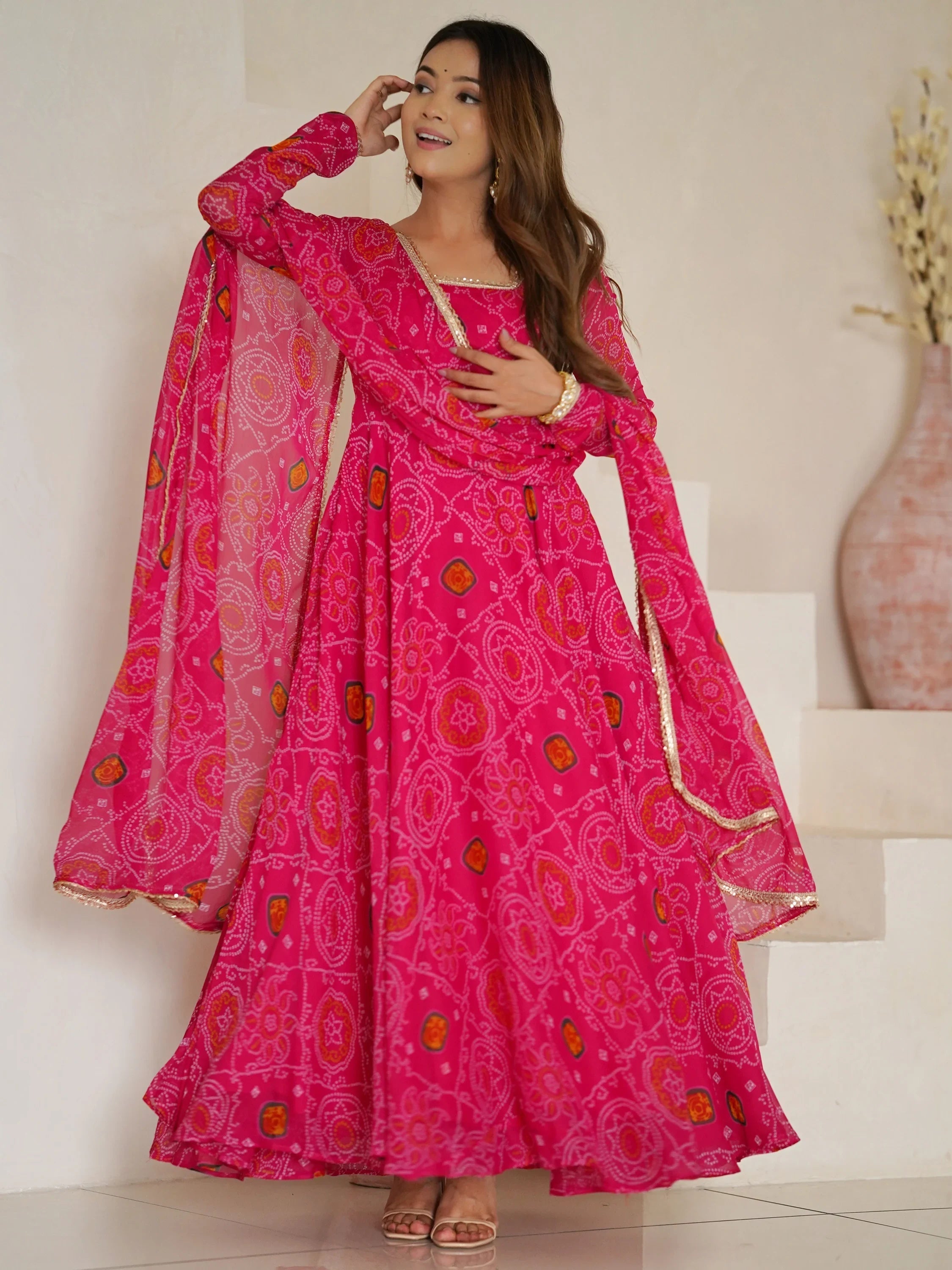 Pink Bandhej Printed Georgette Festive Wear Anarkali Suit for Women