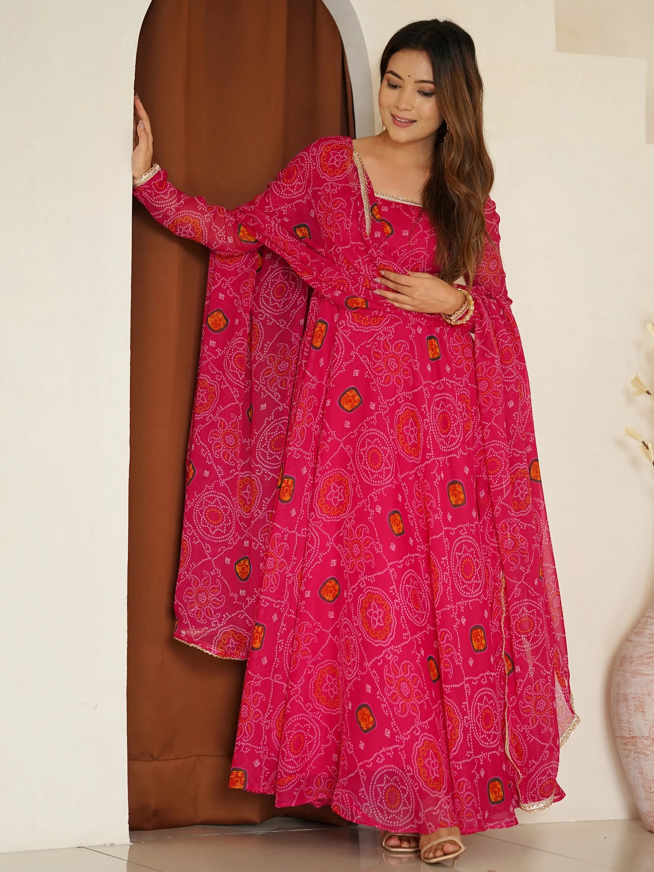 Pink Bandhej Printed Georgette Festive Wear Anarkali Suit for Women
