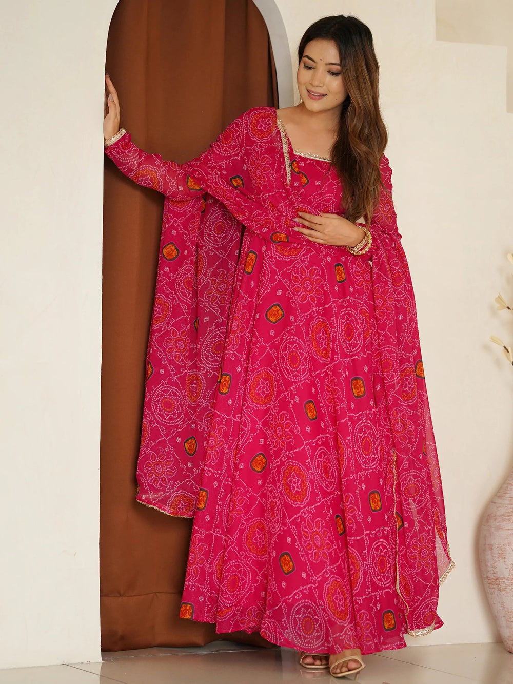 Pink Bandhej Printed Georgette Festive Wear Anarkali Suit for Women