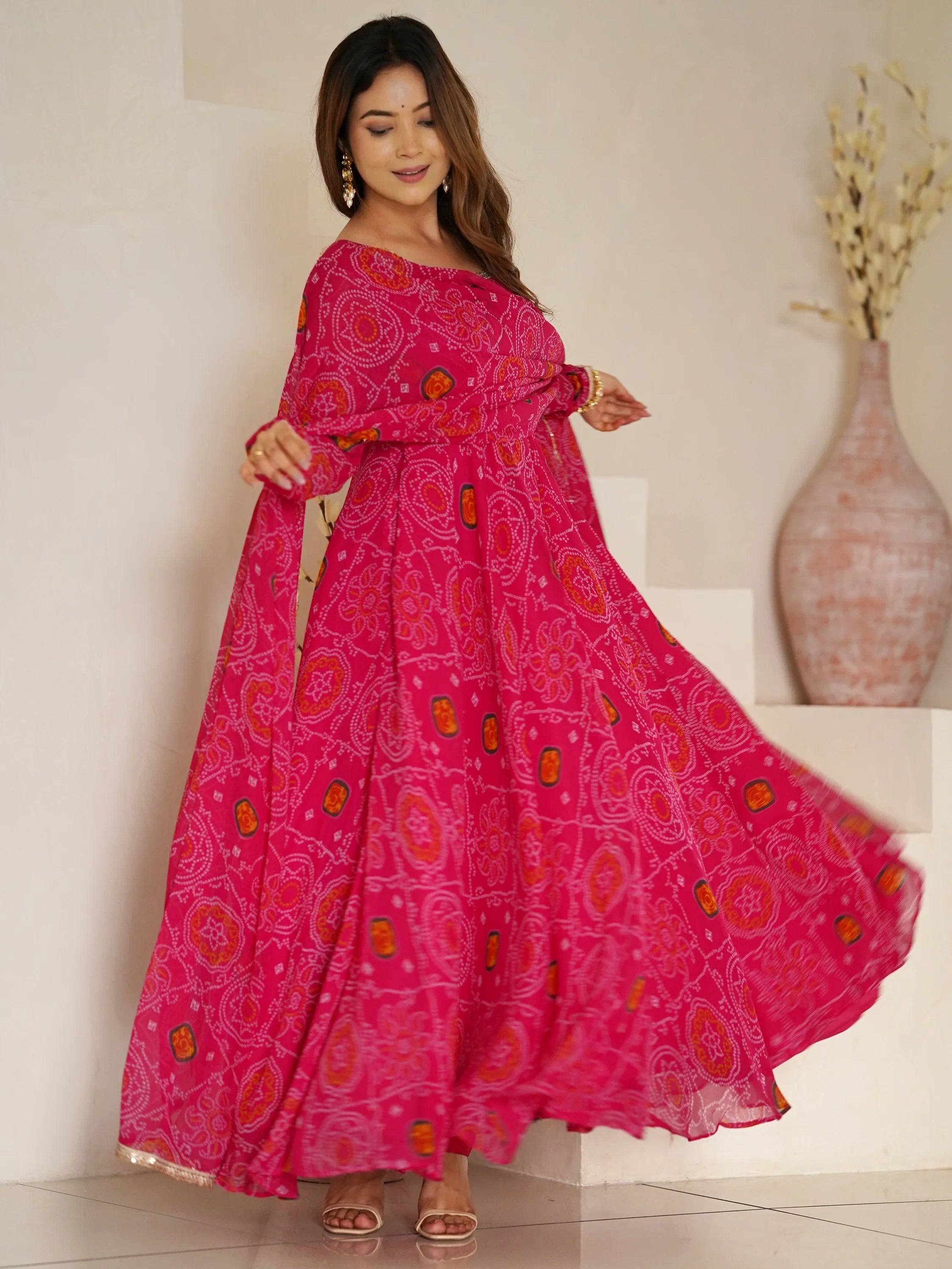 Pink Bandhej Printed Georgette Festive Wear Anarkali Suit for Women