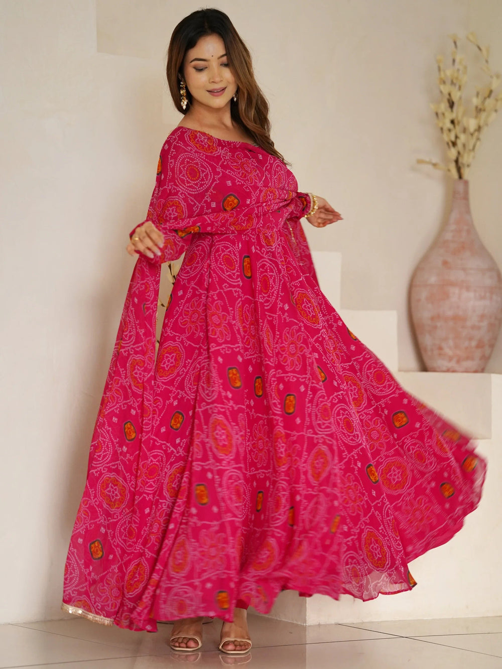 Pink Bandhej Printed Georgette Festive Wear Anarkali Suit for Women