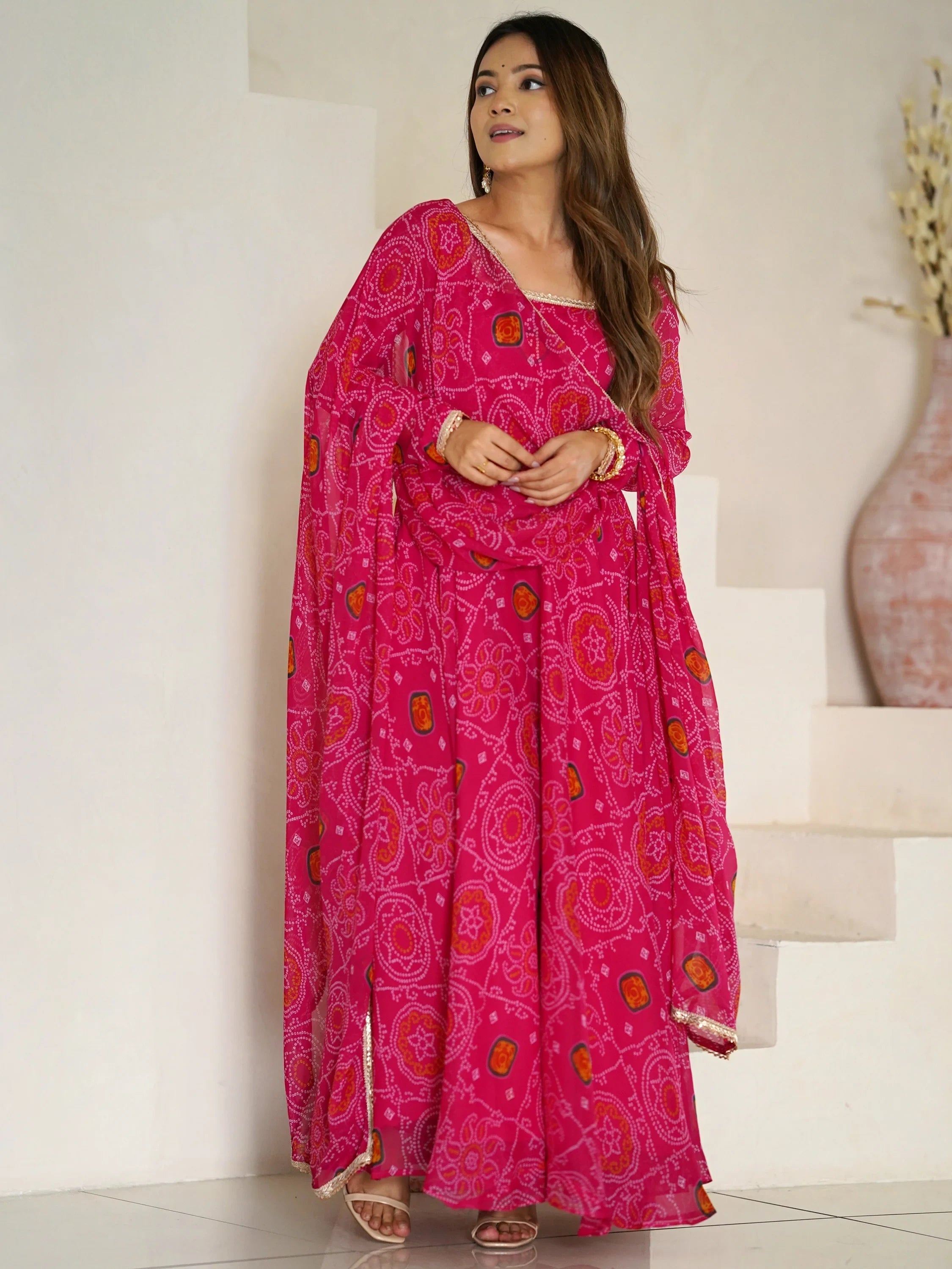 Pink Bandhej Printed Georgette Festive Wear Anarkali Suit for Women
