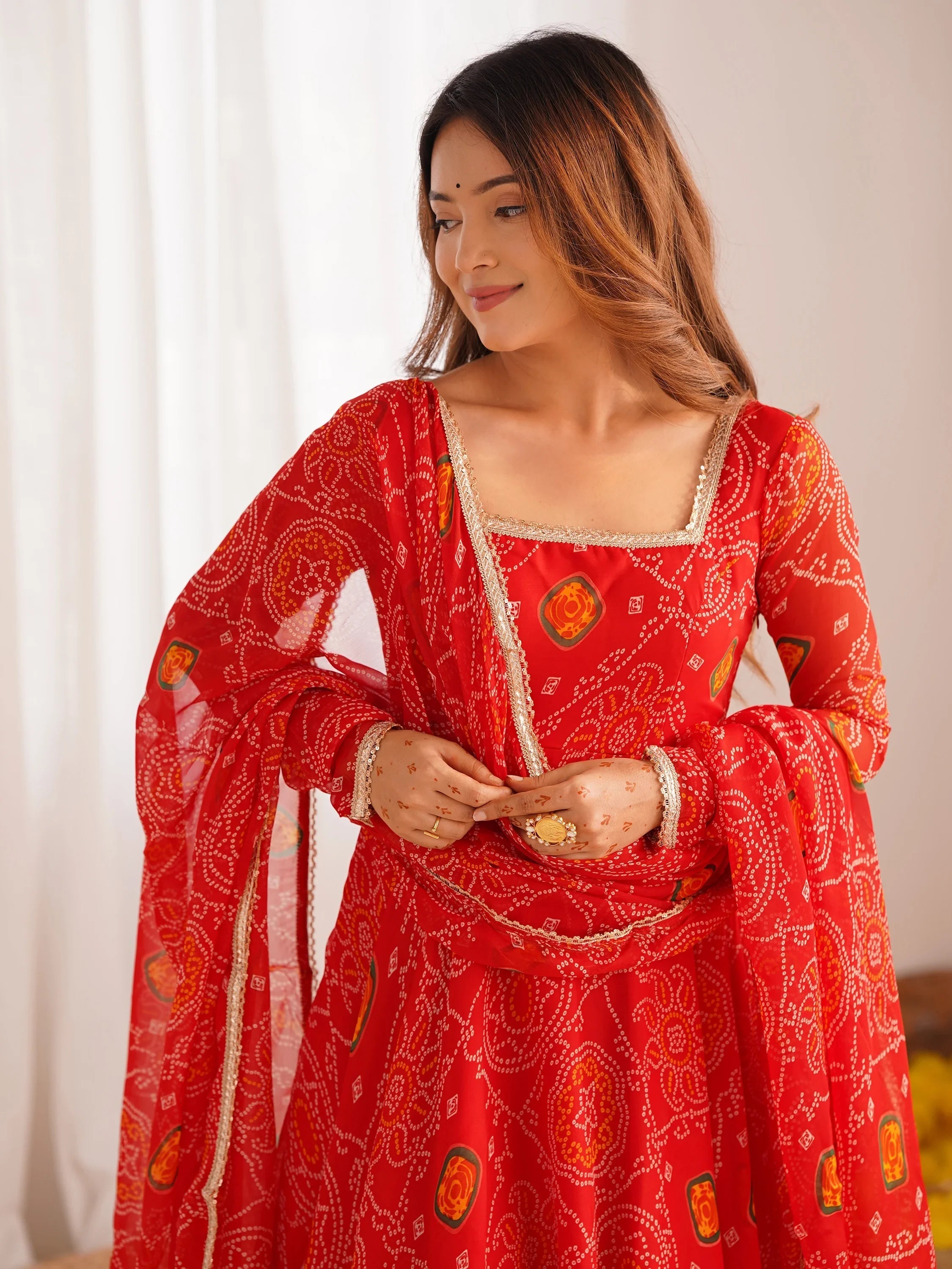 Red Bandhej Printed Georgette Festive Wear Anarkali Suit for Women
