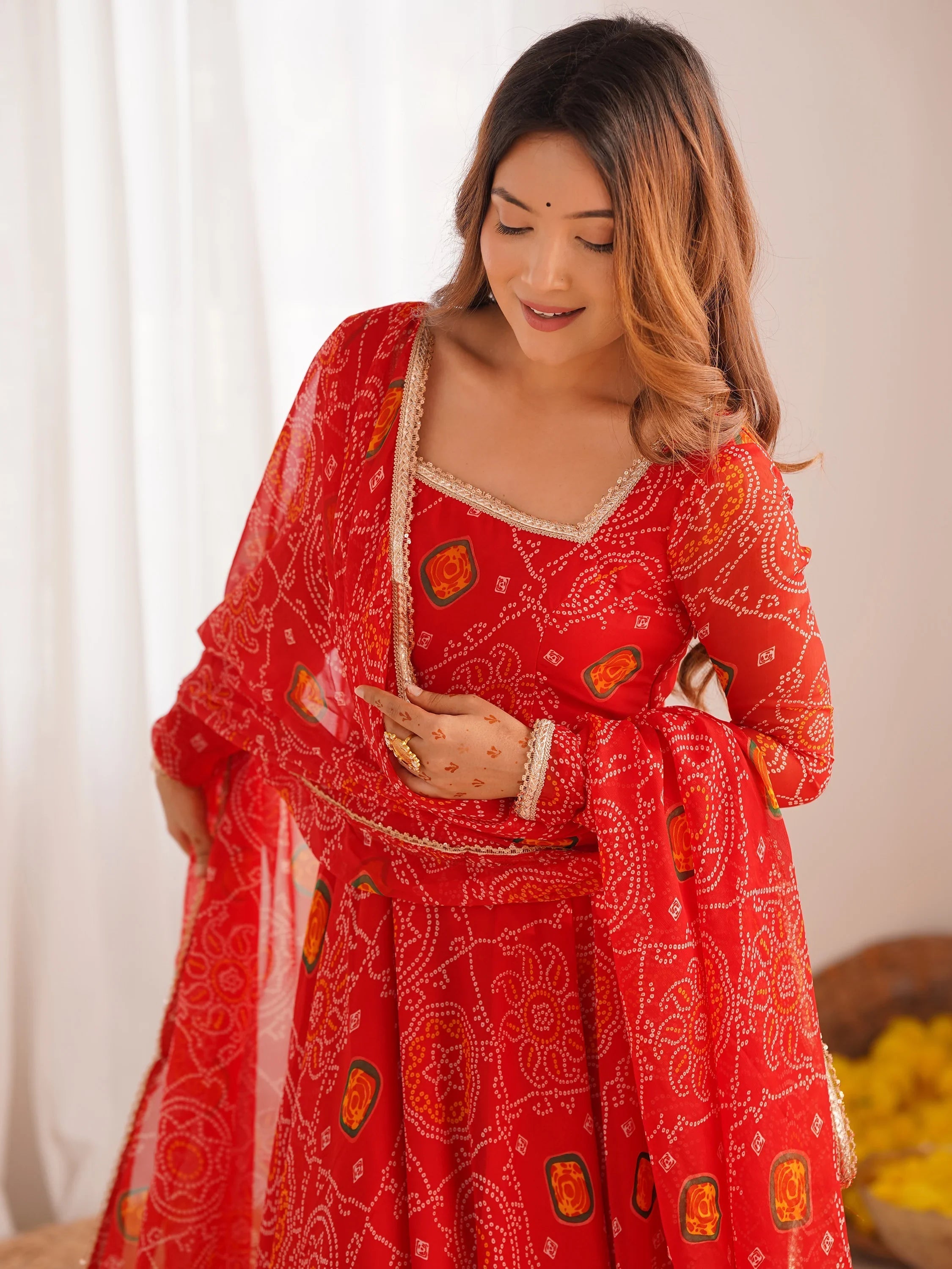Red Bandhej Printed Georgette Festive Wear Anarkali Suit for Women