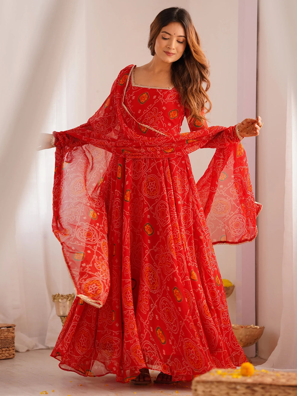 Red Bandhej Printed Georgette Festive Wear Anarkali Suit for Women