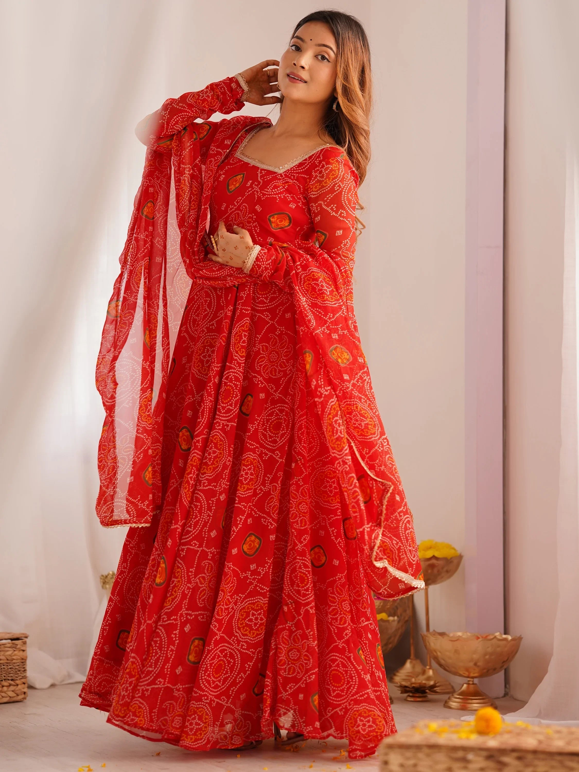 Red Bandhej Printed Georgette Festive Wear Anarkali Suit for Women