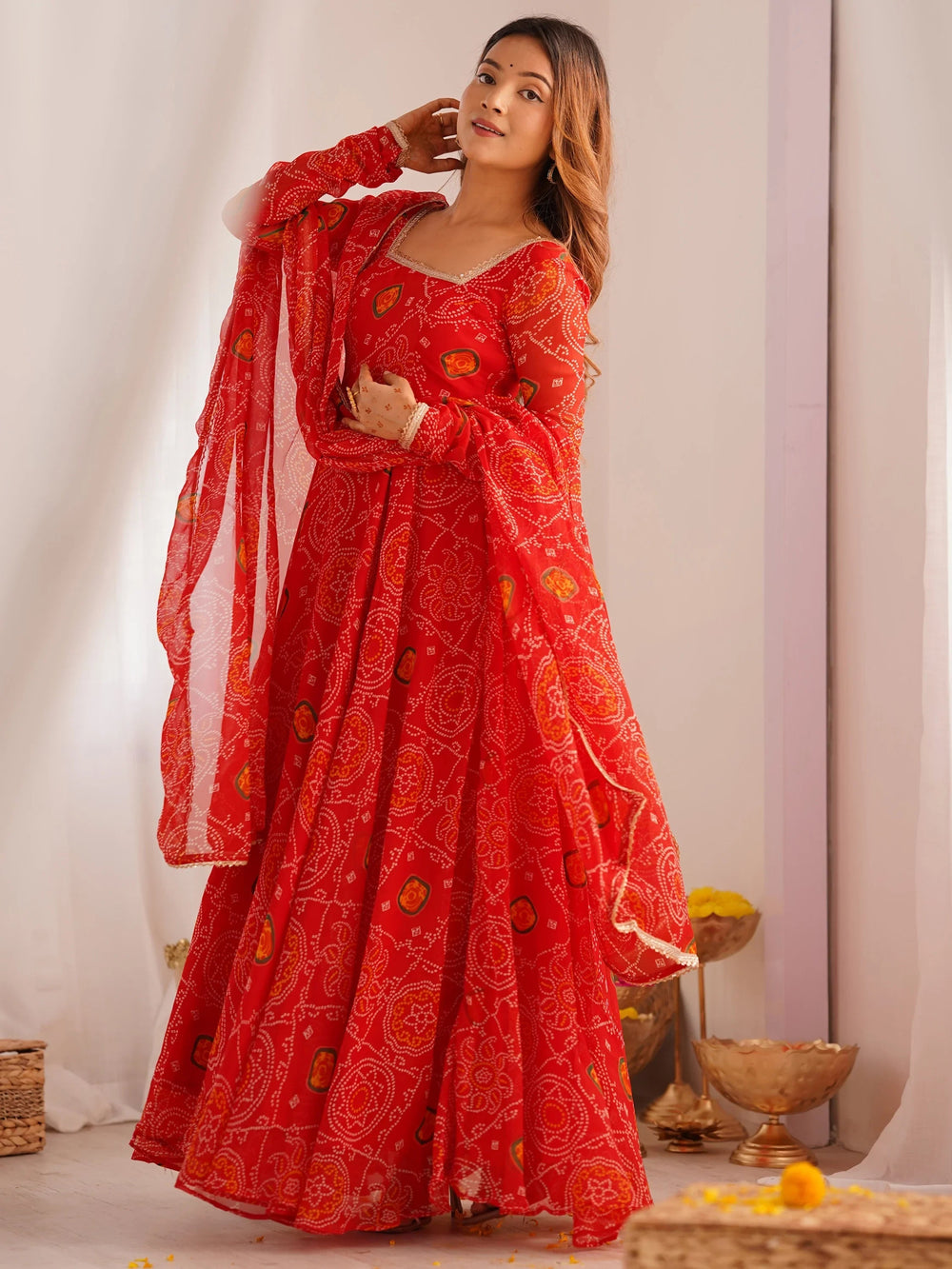 Red Bandhej Printed Georgette Festive Wear Anarkali Suit for Women