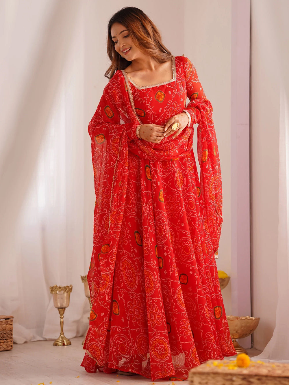 Red Bandhej Printed Georgette Festive Wear Anarkali Suit for Women