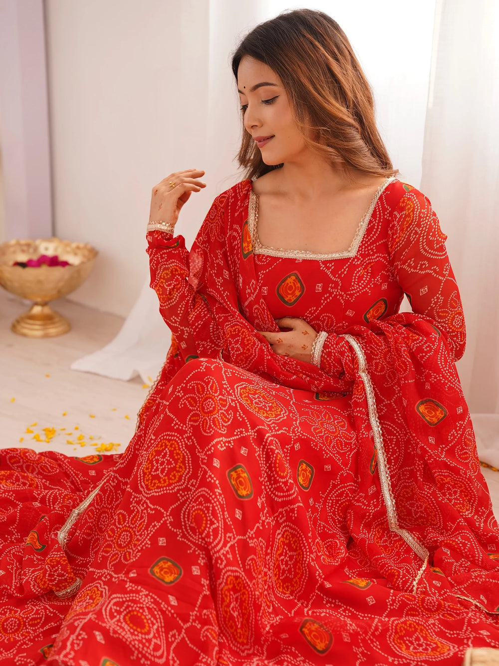 Red Bandhej Printed Georgette Festive Wear Anarkali Suit for Women