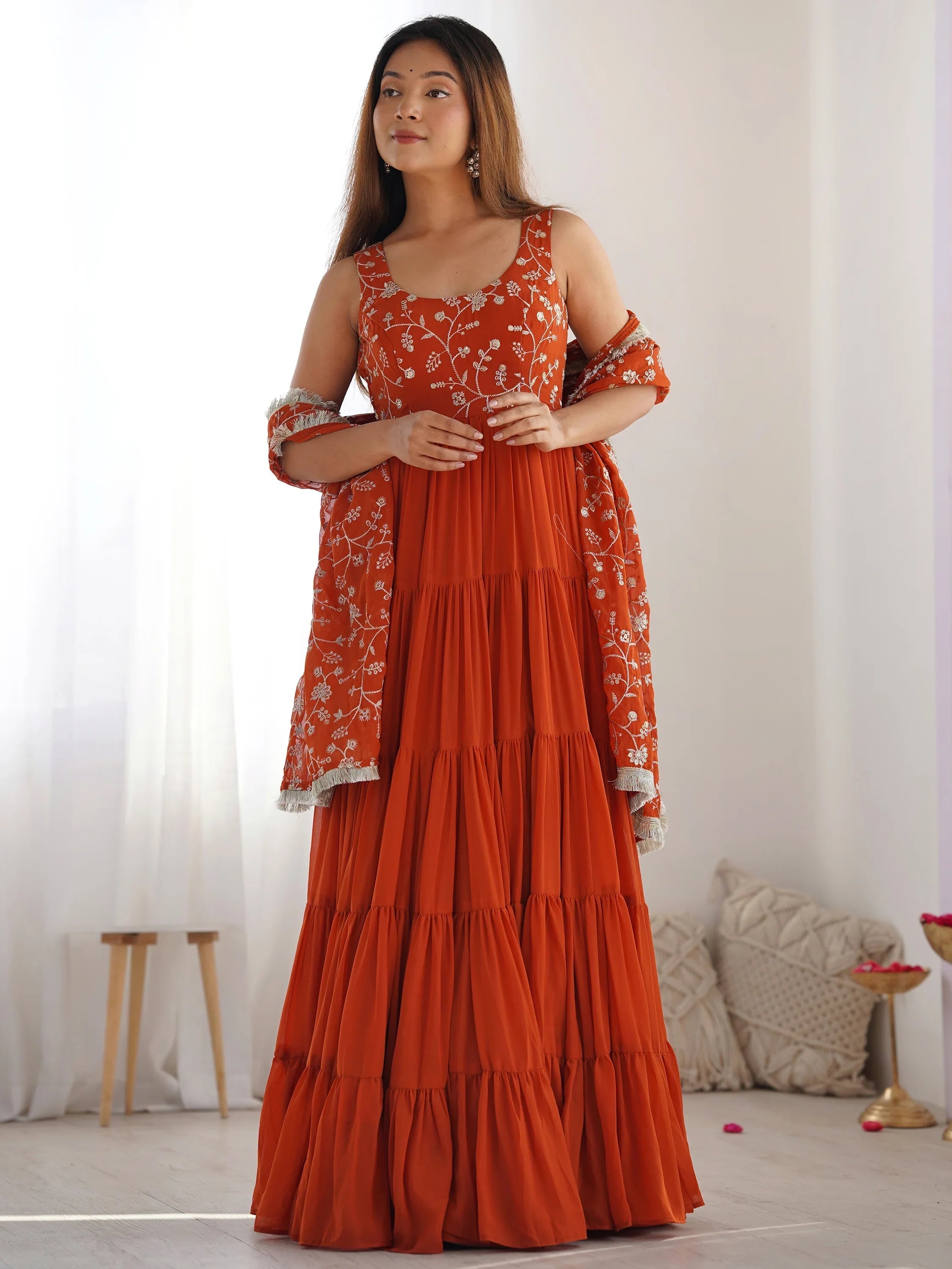Orange Embroidered Georgette Anarkali Gown With Dupatta for Women