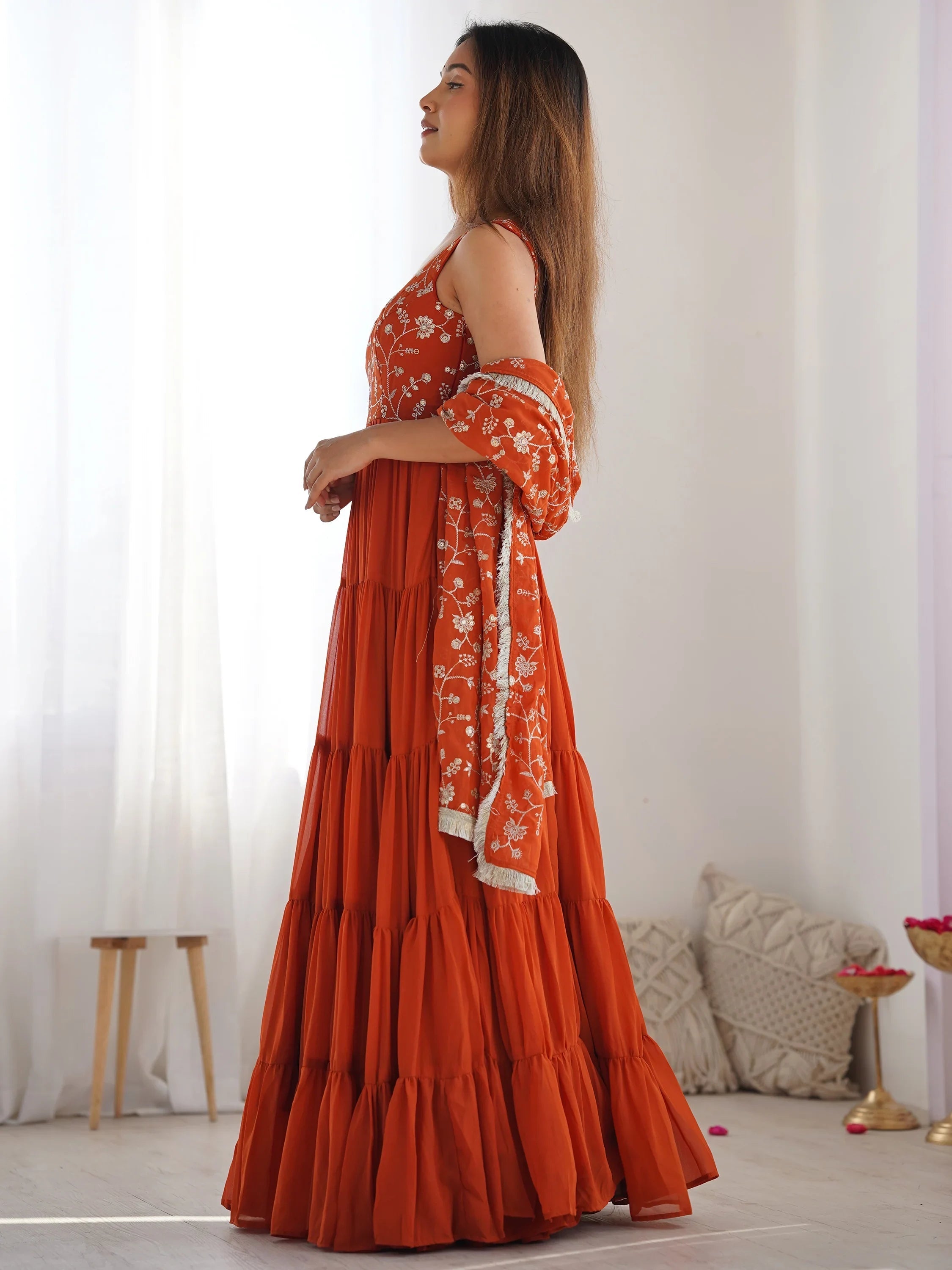 Orange Embroidered Georgette Anarkali Gown With Dupatta for Women