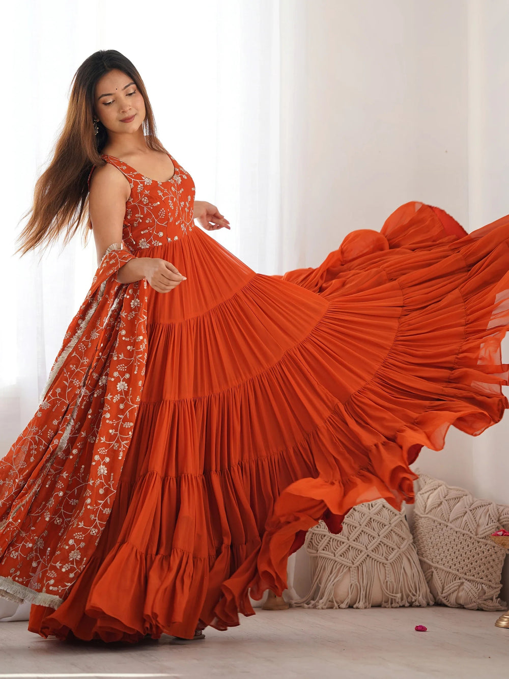 Orange Embroidered Georgette Anarkali Gown With Dupatta for Women