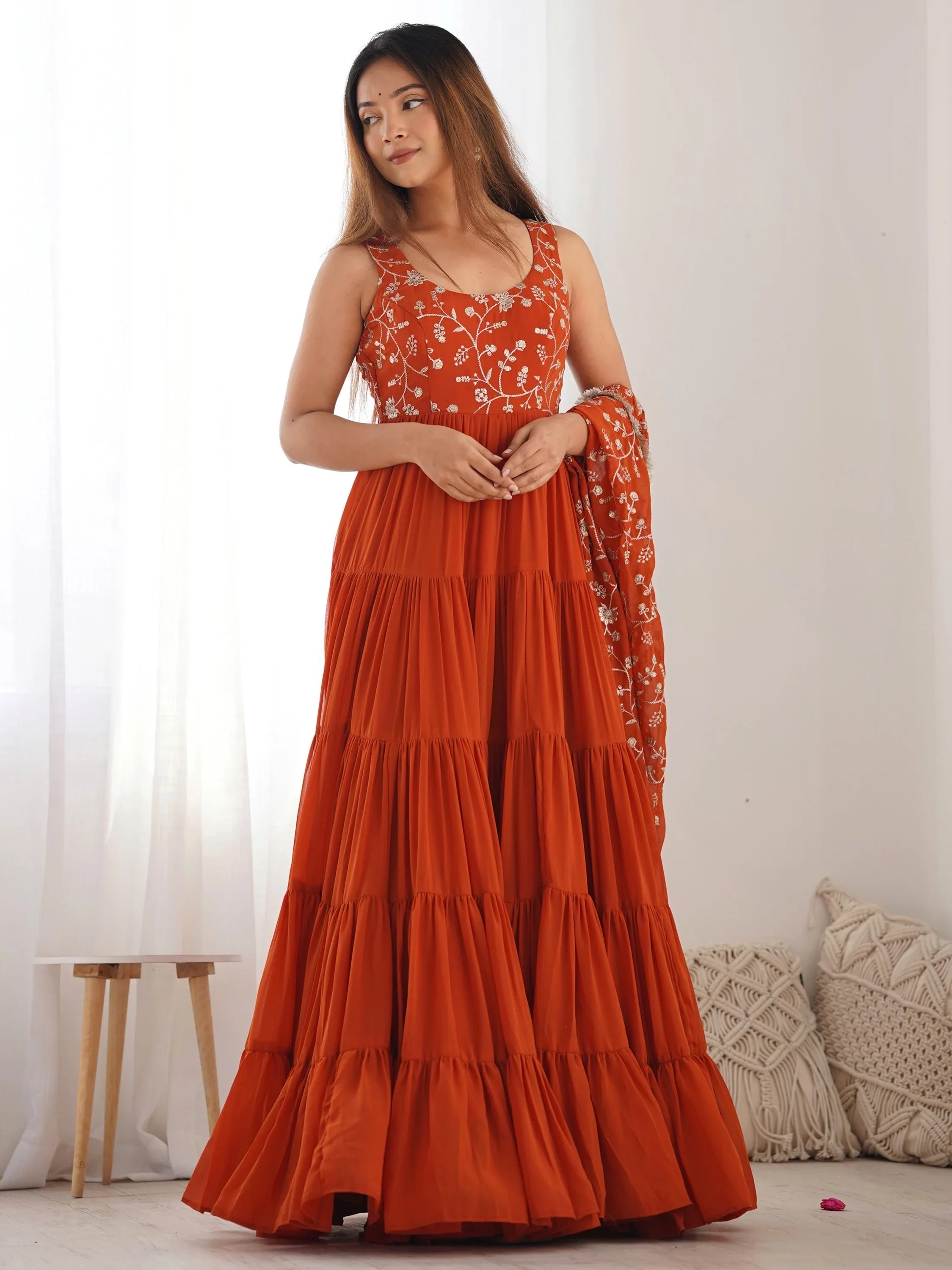 Orange Embroidered Georgette Anarkali Gown With Dupatta for Women