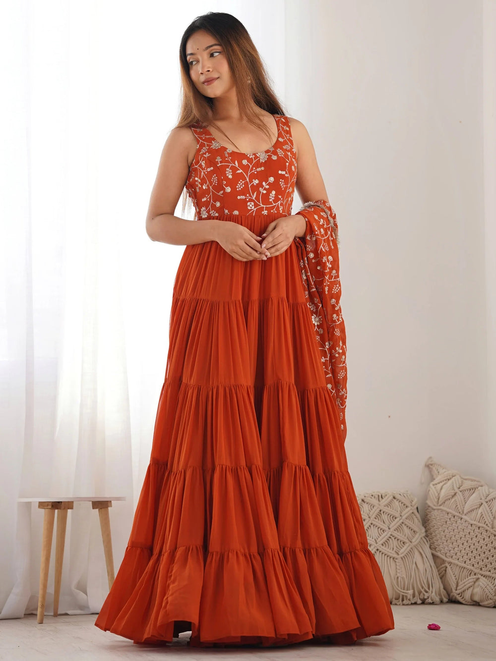 Orange Embroidered Georgette Anarkali Gown With Dupatta for Women