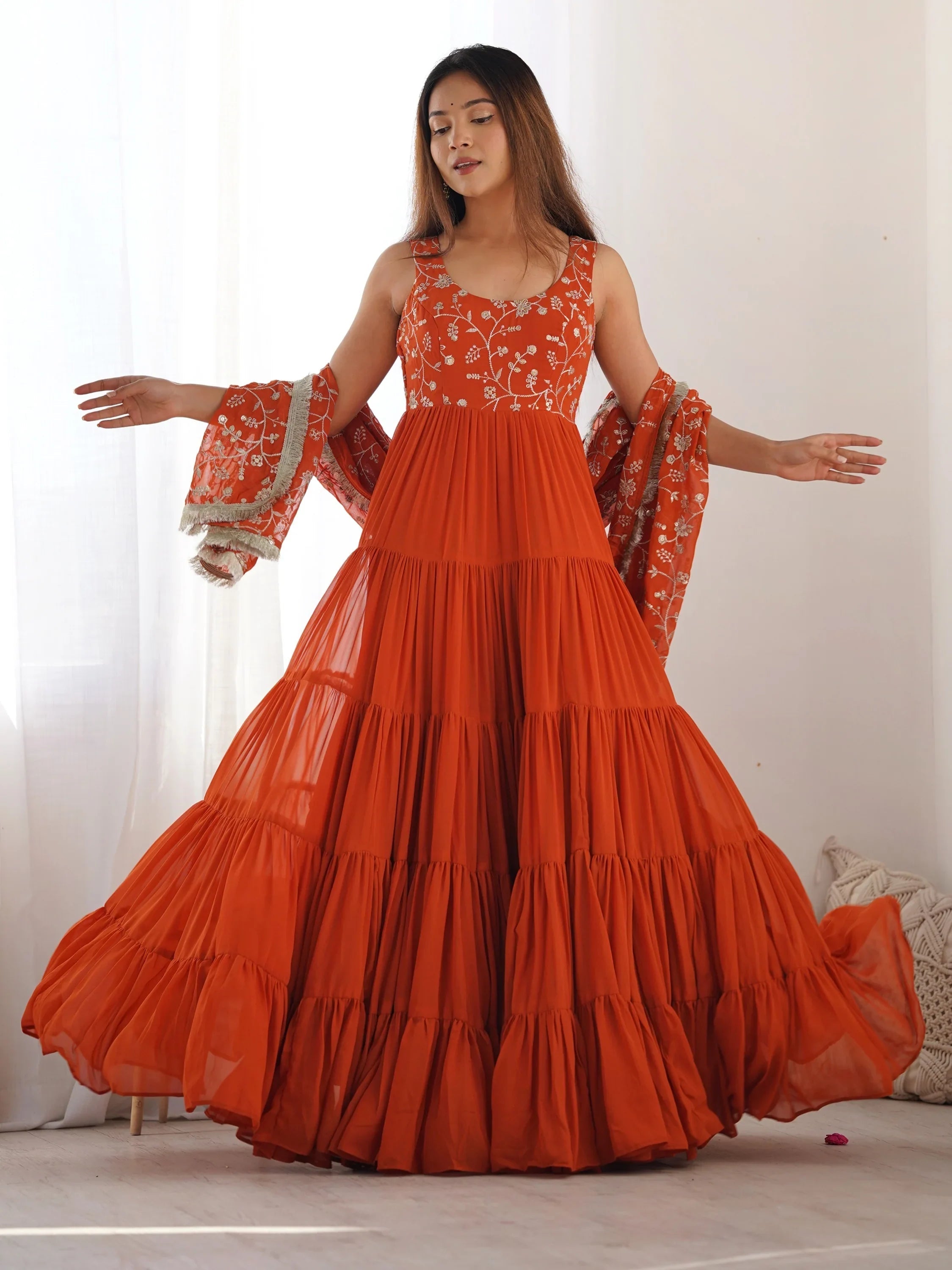 Orange Embroidered Georgette Anarkali Gown With Dupatta for Women