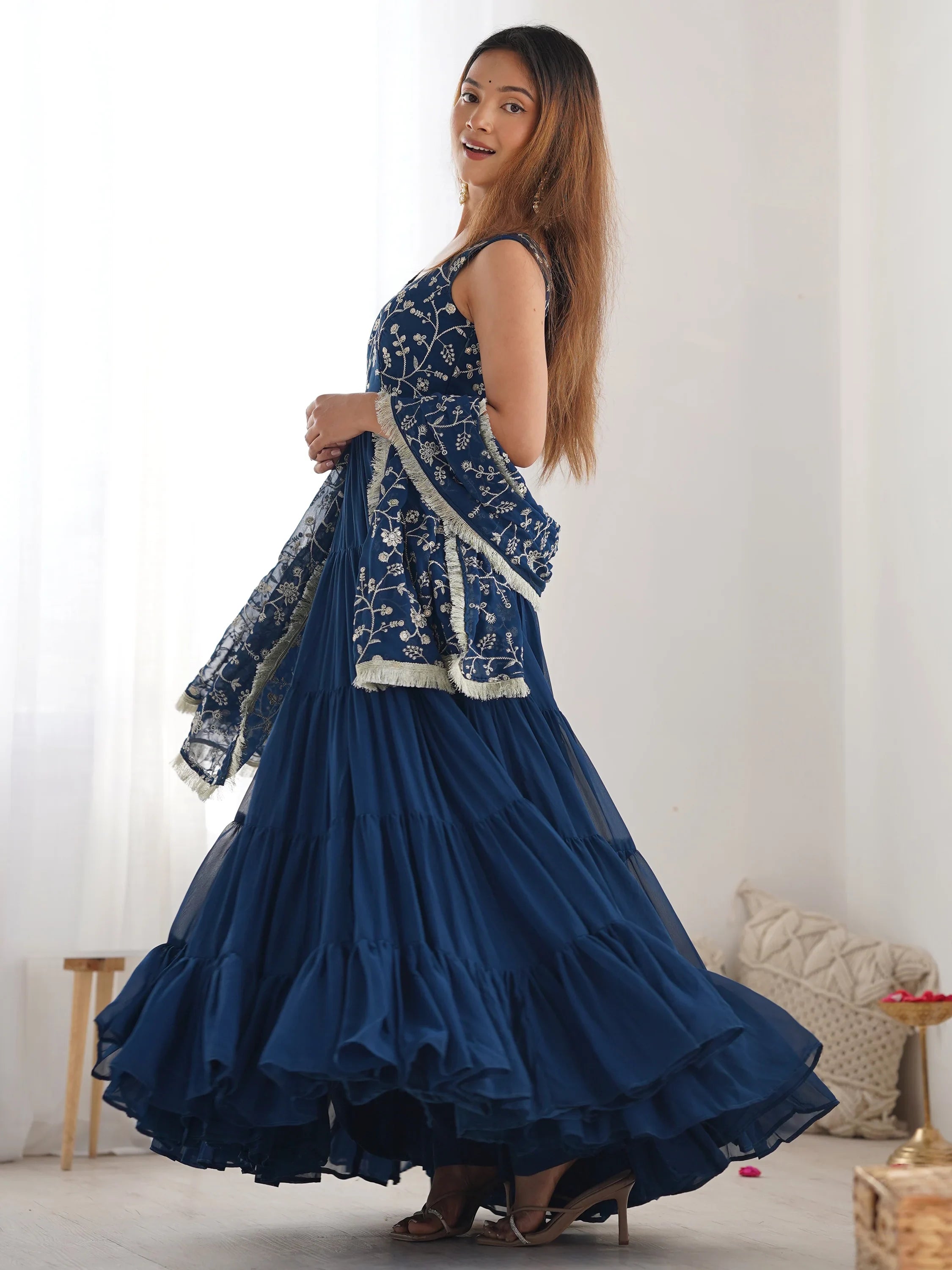 Teal Embroidered Georgette Anarkali Gown With Dupatta for Women