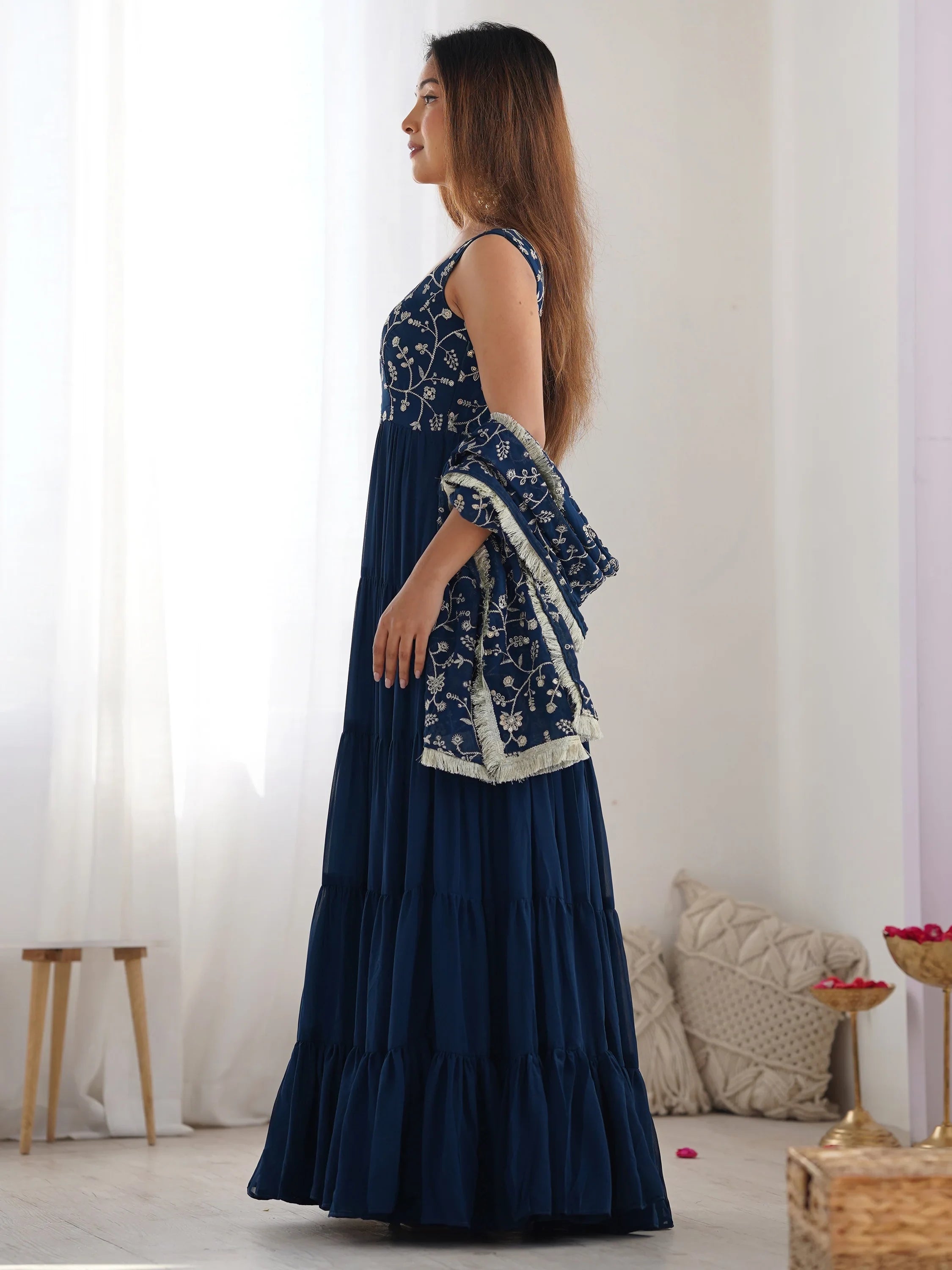 Teal Embroidered Georgette Anarkali Gown With Dupatta for Women