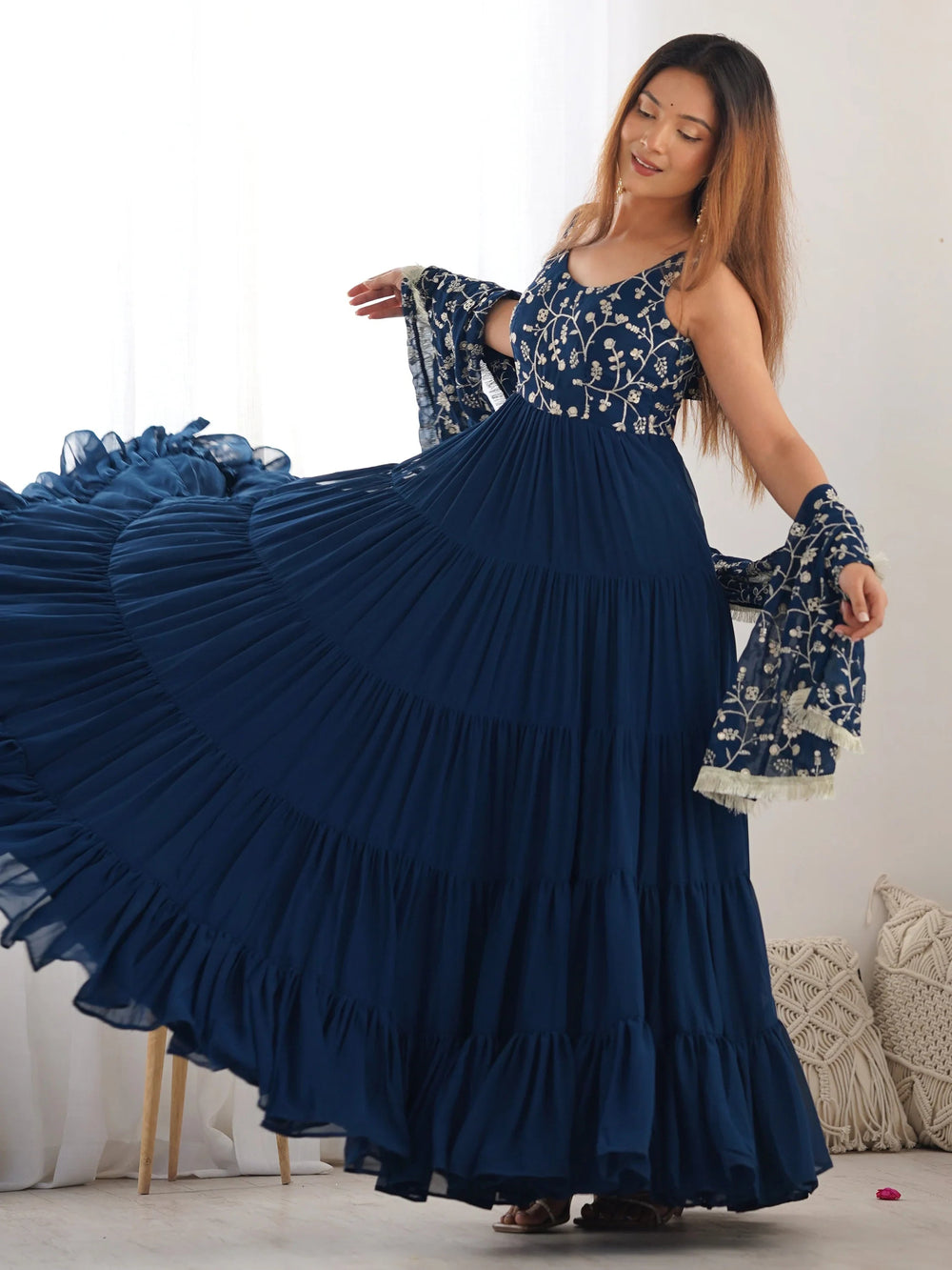 Teal Embroidered Georgette Anarkali Gown With Dupatta for Women