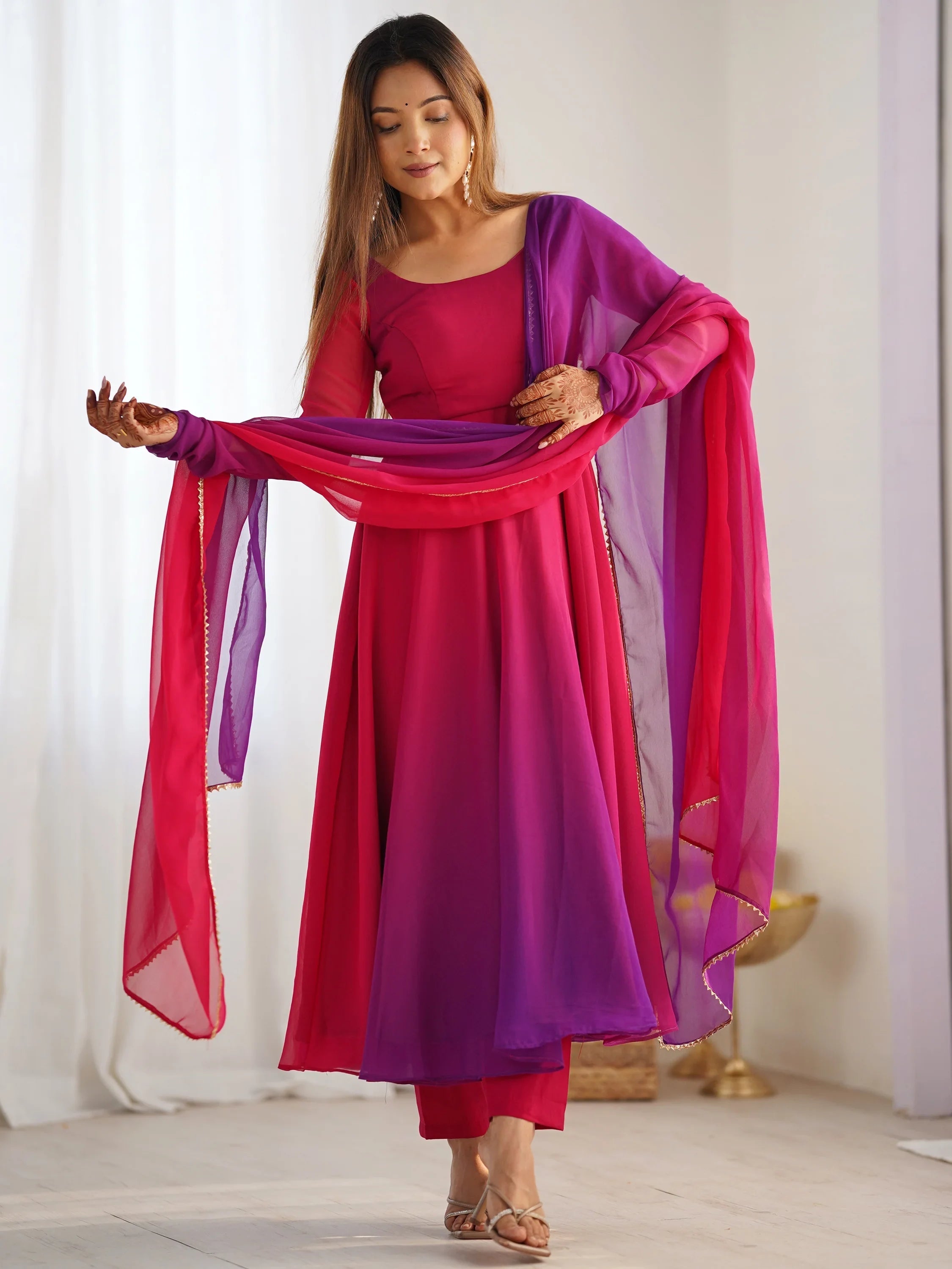 Pink Shaded Georgette Casual Wear Anarkali Suit With Dupatta for Women